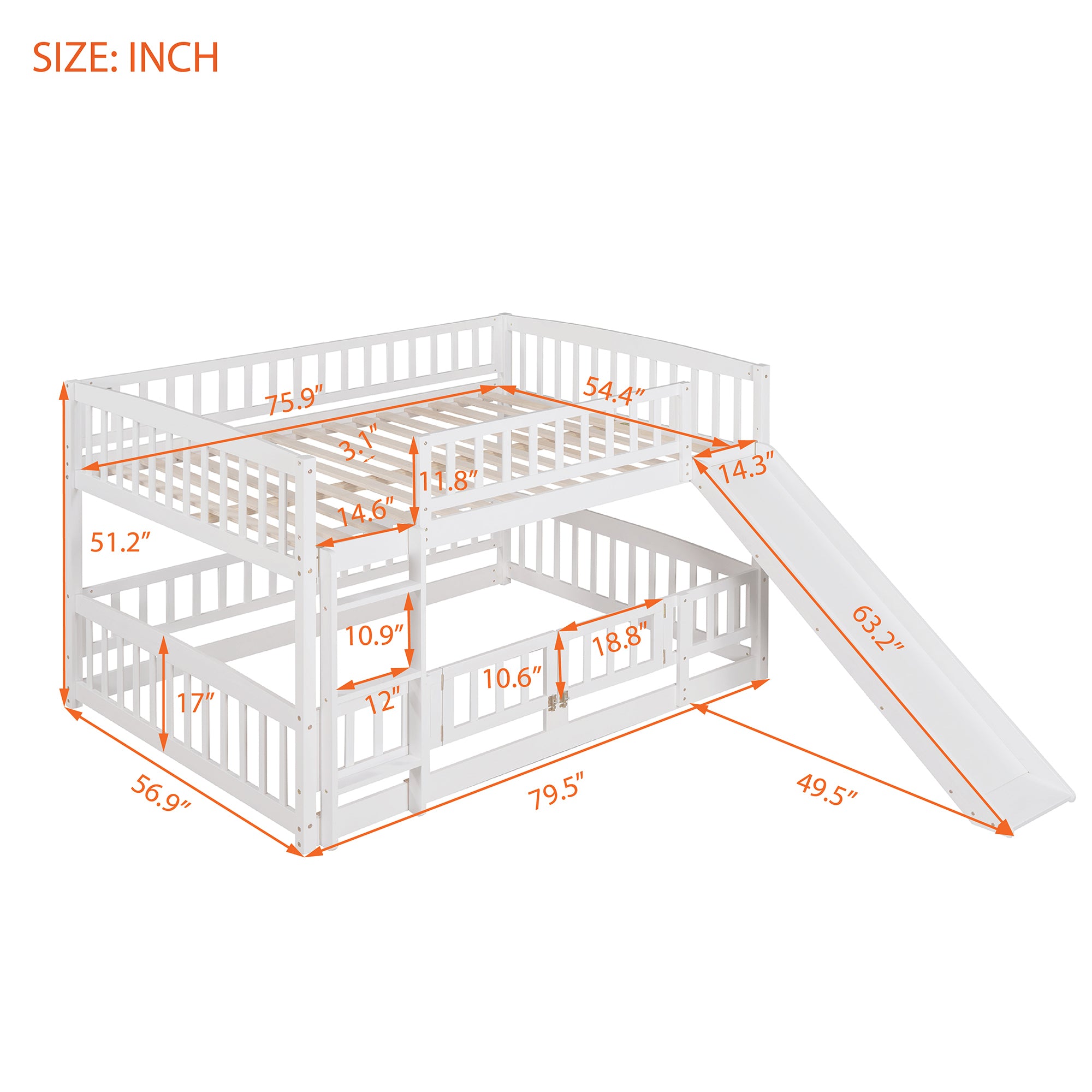 Bunk Bed with Slide,Full Over Full Low Bunk Bed with Fence and Ladder for Toddler Kids Teens White - Atlantic Fine Furniture Melbourne FL
