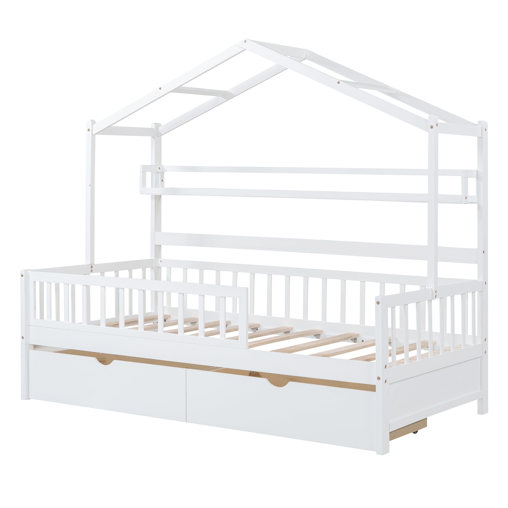 Wooden Twin Size House Bed with 2 Drawers,Kids Bed with Storage Shelf, White - Atlantic Fine Furniture Melbourne FL