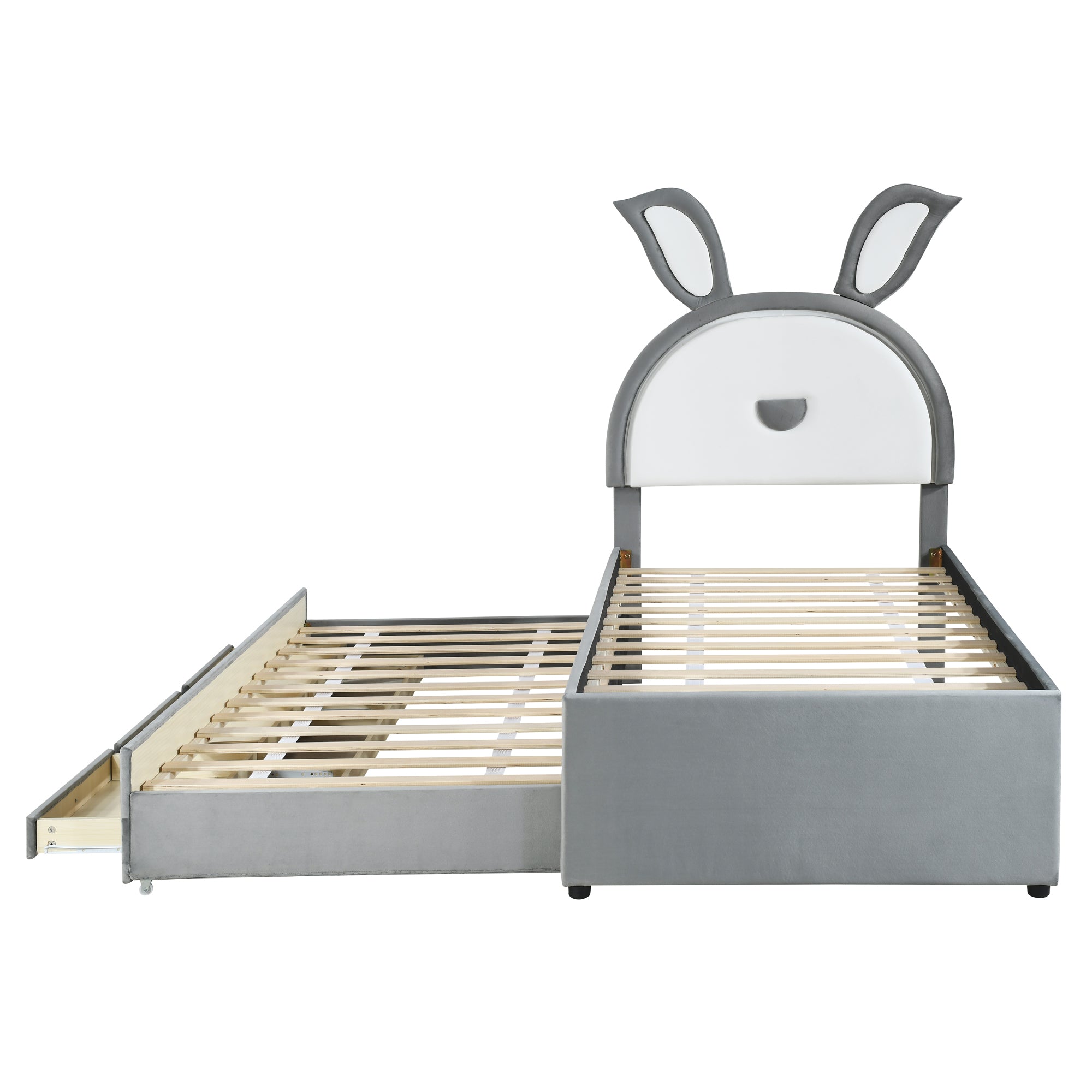 Twin Size Upholstered Platform Bed with Trundle and 3 Drawers, Rabbit-Shaped Headboard with Embedded LED Lights, Gray - Atlantic Fine Furniture Melbourne FL