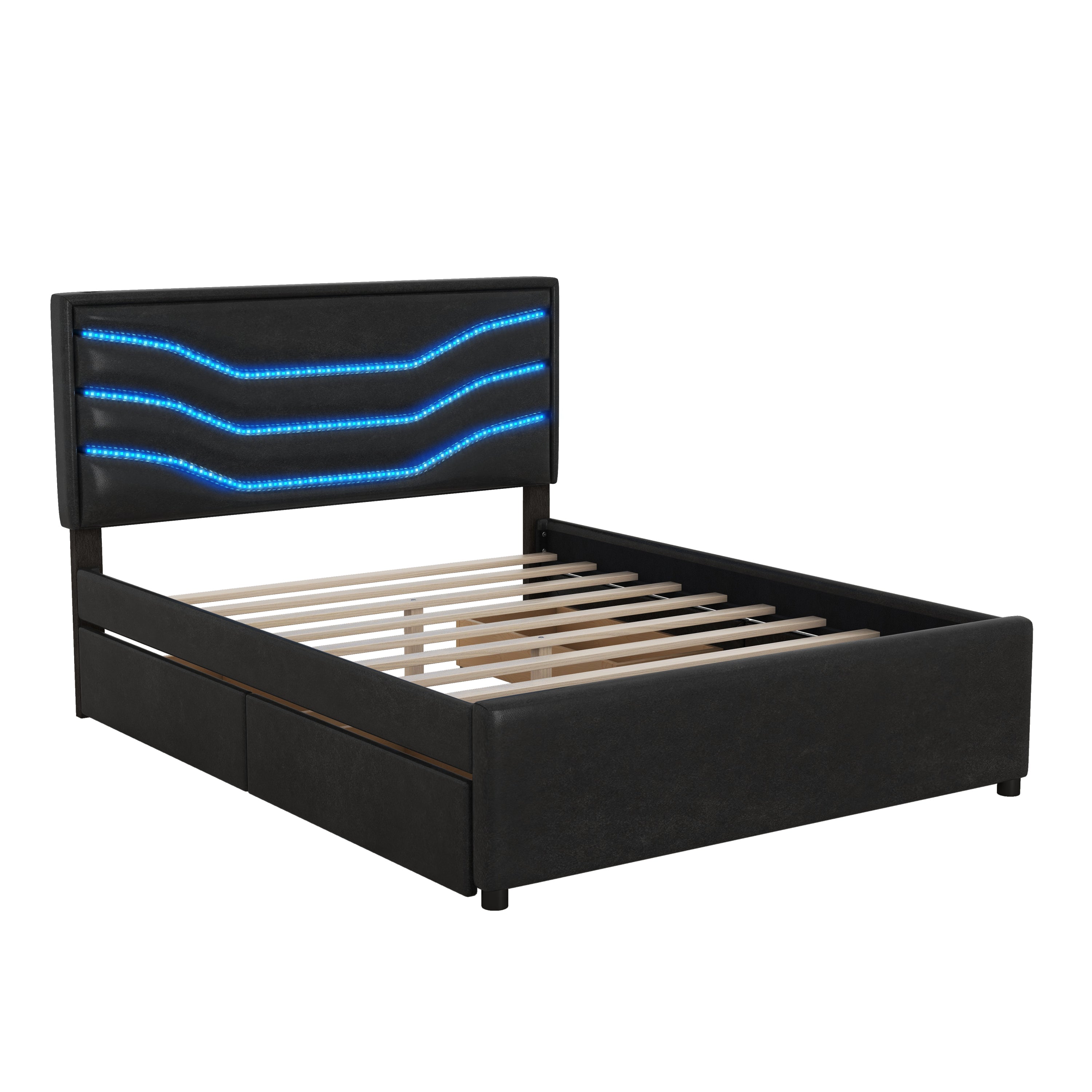 Queen Size Upholstered Storage Platform Bed with LED, 4 Drawers and USB Charging, Black - Atlantic Fine Furniture Melbourne FL