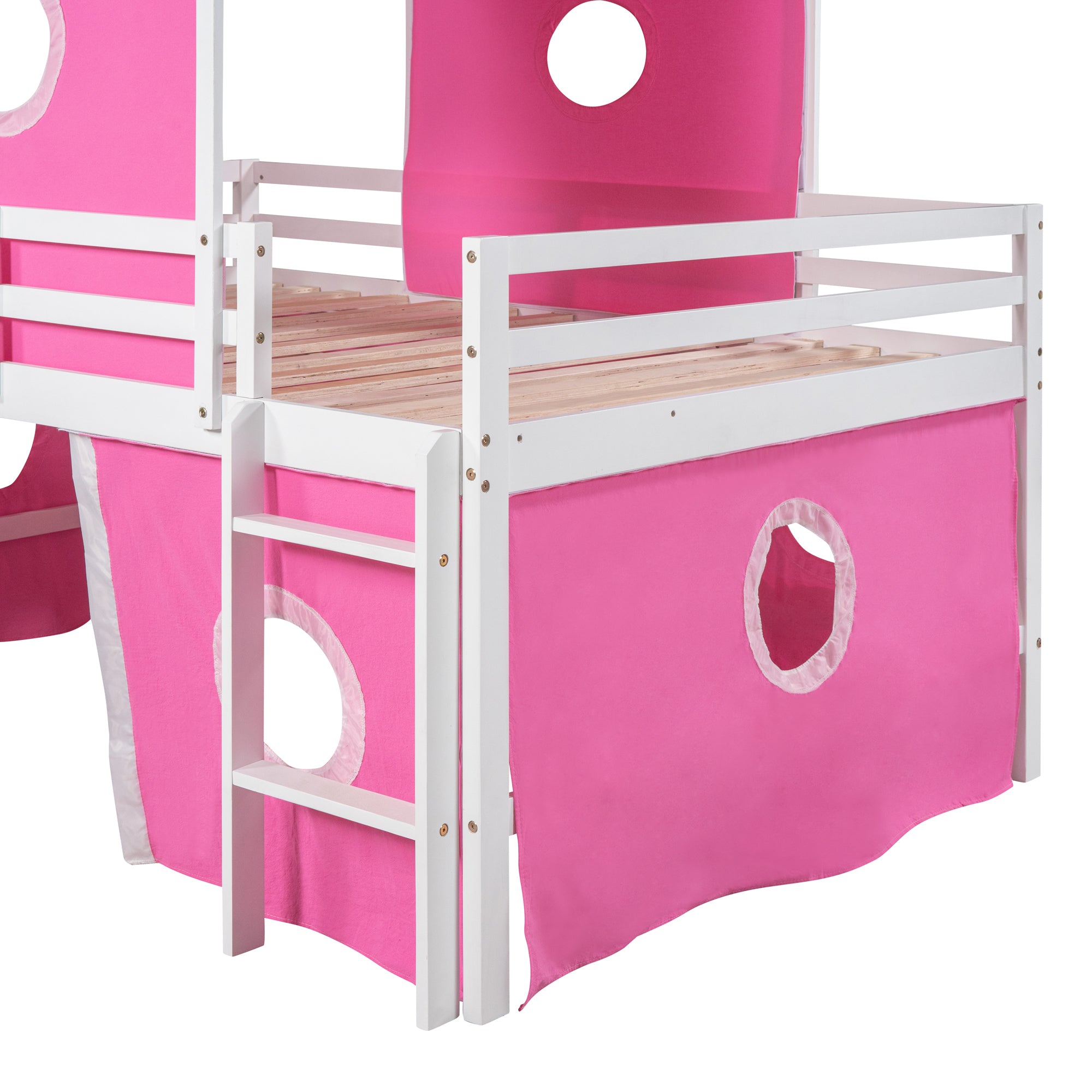 Full Size Bunk Bed with Slide Pink Tent and Tower - Pink