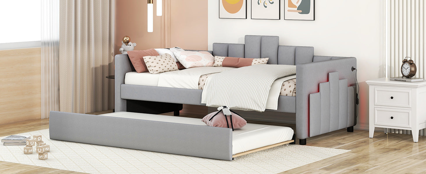 Twin Size Upholstered Daybed with Light and USB Port, Gray - Atlantic Fine Furniture Melbourne FL