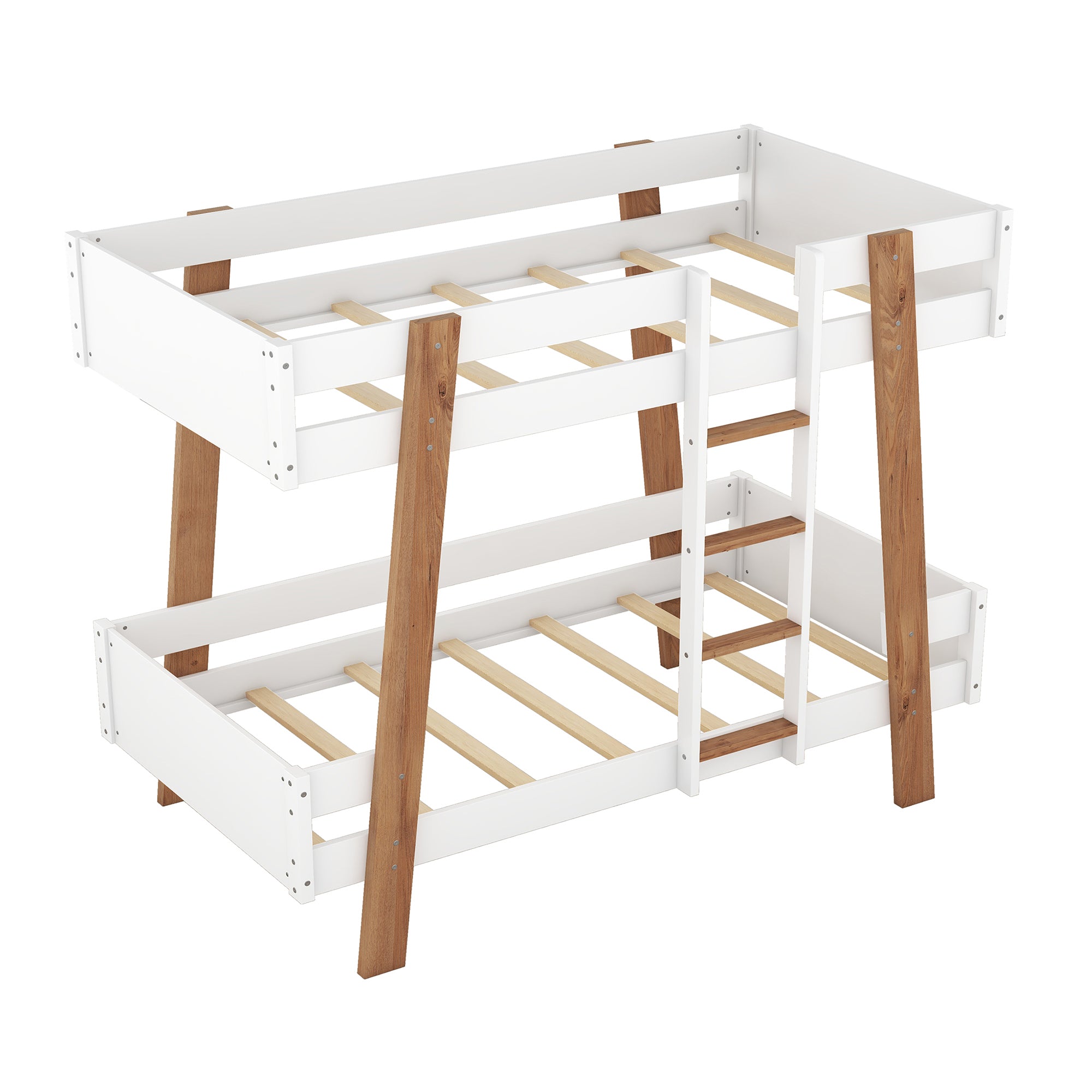 Wood Twin Size Bunk Bed with Built-in Ladder and 4 Wood Color Columns, White - Atlantic Fine Furniture Melbourne FL