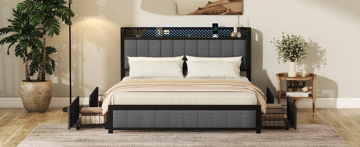 Queen Bed Frame with LED Headboard, Upholstered Bed with 4 Storage Drawers and USB Ports, Dark Grey - Atlantic Fine Furniture Melbourne FL