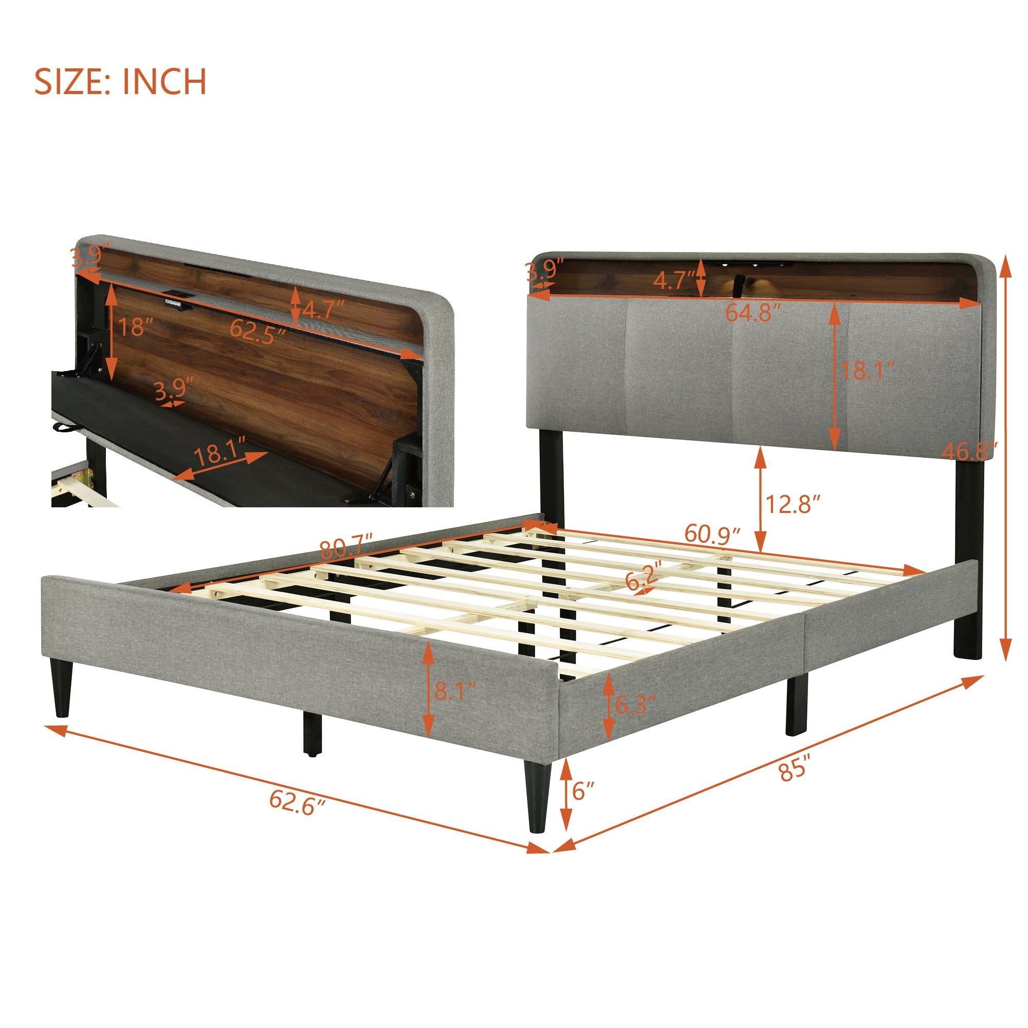 Queen size Upholstered Platform Bed with Storage Headboard, Sensor Light and a set of Sockets and USB Ports, Linen Fabric, Gray - Atlantic Fine Furniture Melbourne FL