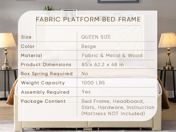 Queen Size Bed Frame with 2 Storage Drawers, Upholstered Bed Frame with Wingback Headboard Storage Shelf Built-in USB Charging Stations and Strong Wood Slats Support, No Box Spring Needed, Beige