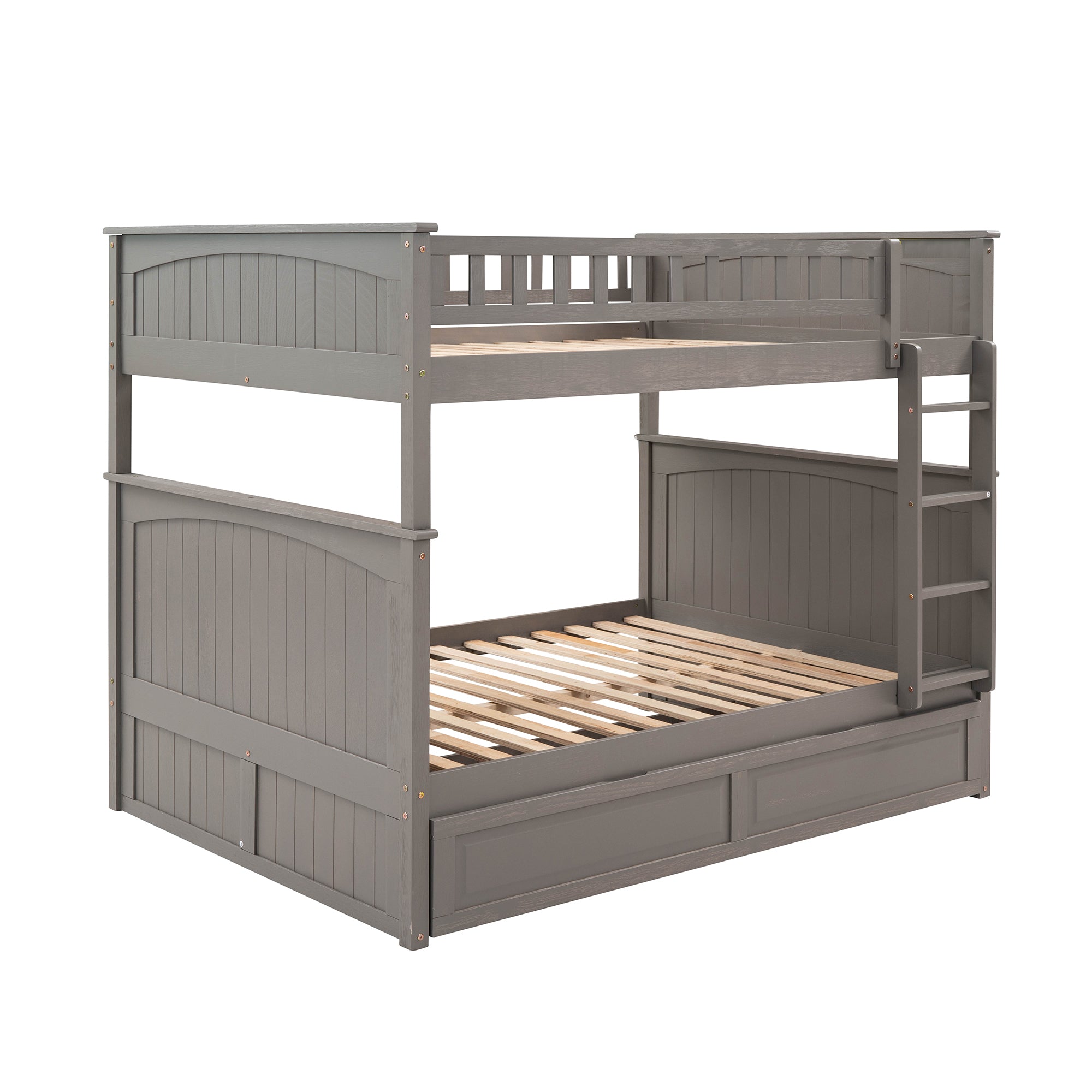 Full Over Full Bunk Bed with Twin Size Trundle, Pine Wood Bunk Bed with Guardrails, Brushed Gray(Old SKU:LP000044AAN)