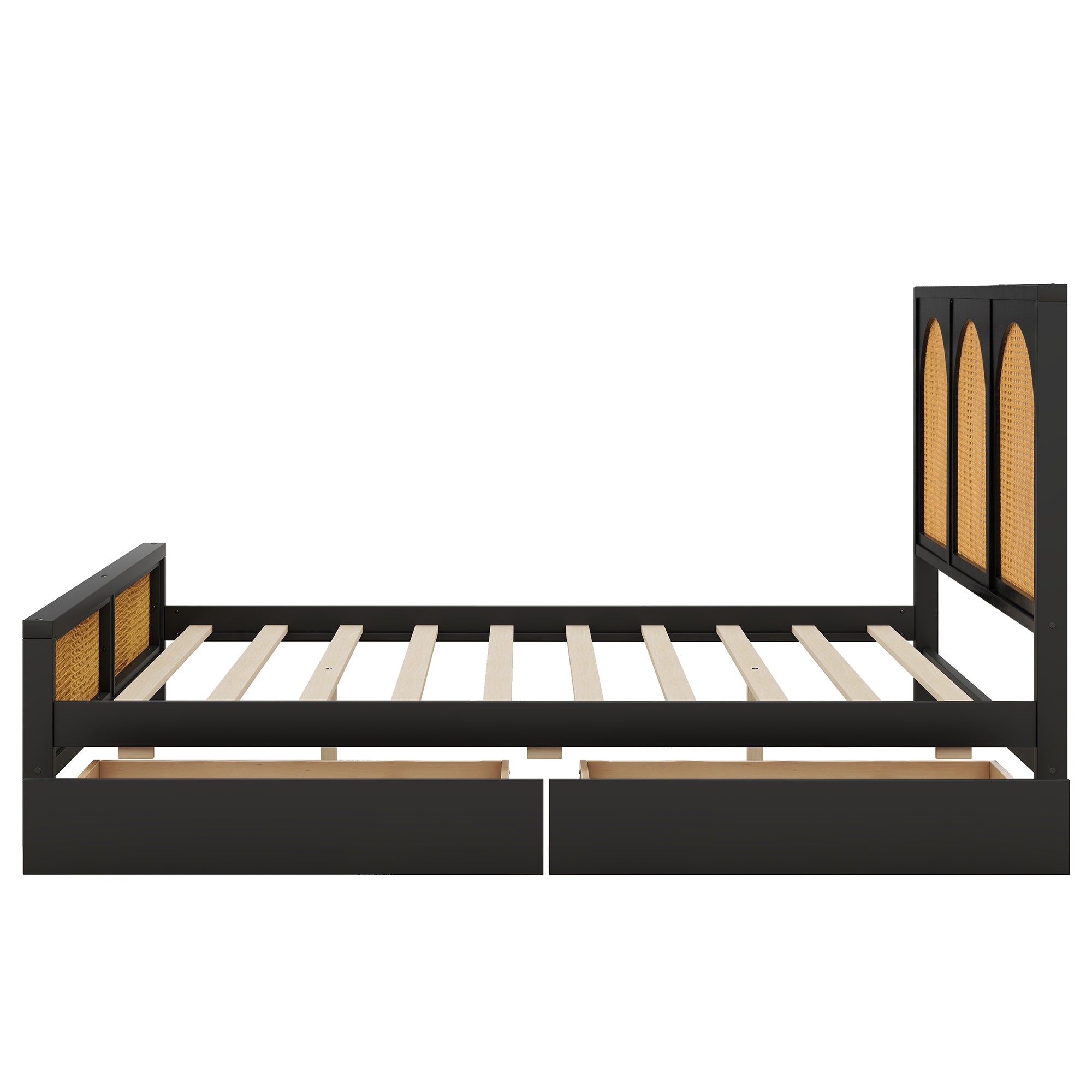 Queen Size Wood Storage Platform Bed with 2 Drawers, Rattan Headboard and Footboard, Black - Atlantic Fine Furniture Melbourne FL