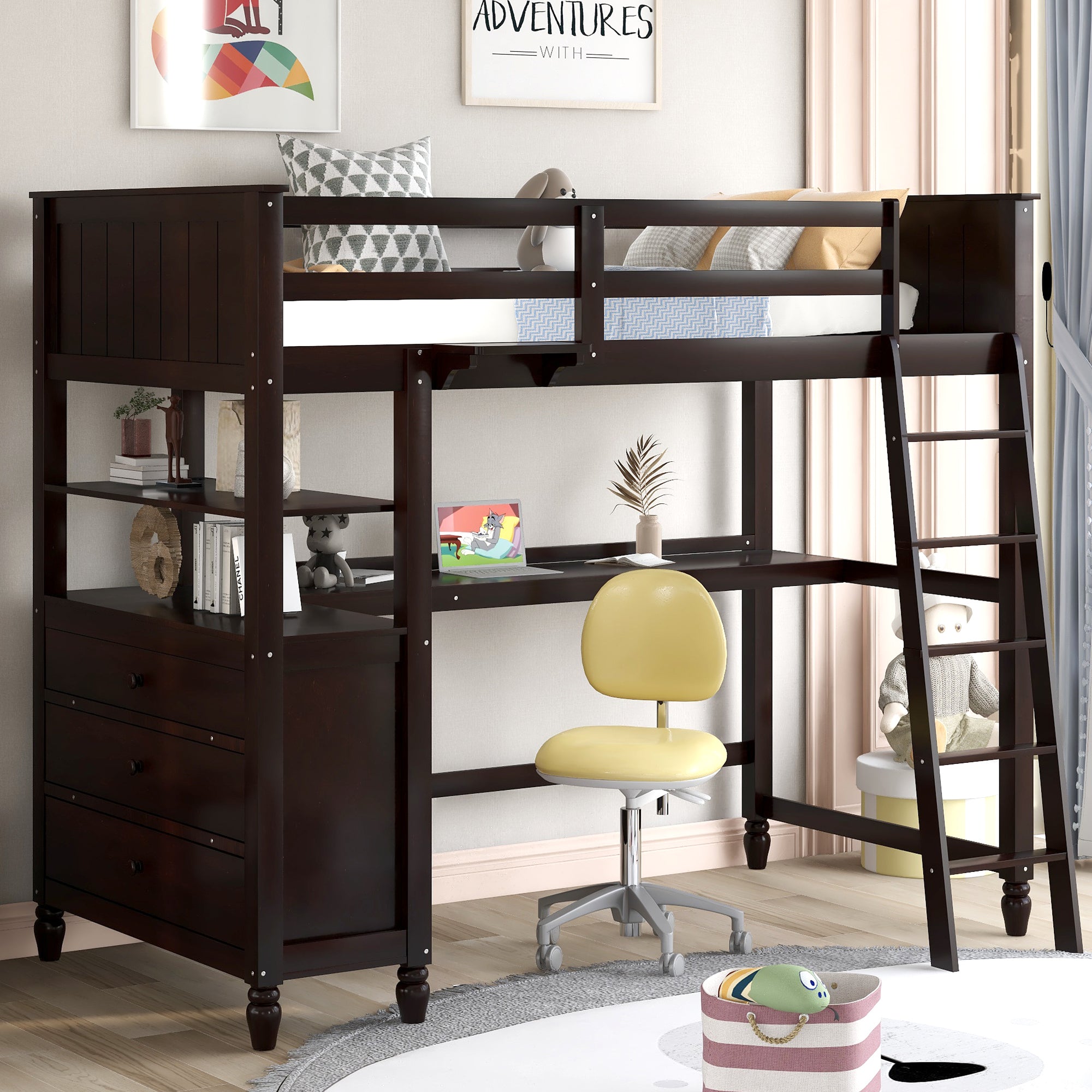 Twin size Loft Bed with Drawers and Desk, Wooden Loft Bed with Shelves - Espresso(OLD SKU: LT001530AAP) - Atlantic Fine Furniture Melbourne FL