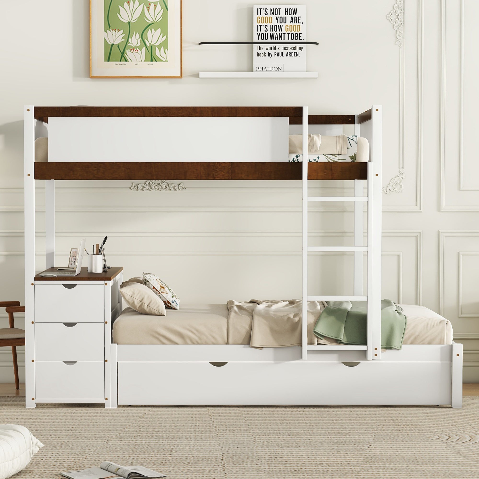 Twin-Over-Twin Bunk Bed with Twin size Trundle, Storage and Desk, White+Walnut - Atlantic Fine Furniture Melbourne FL