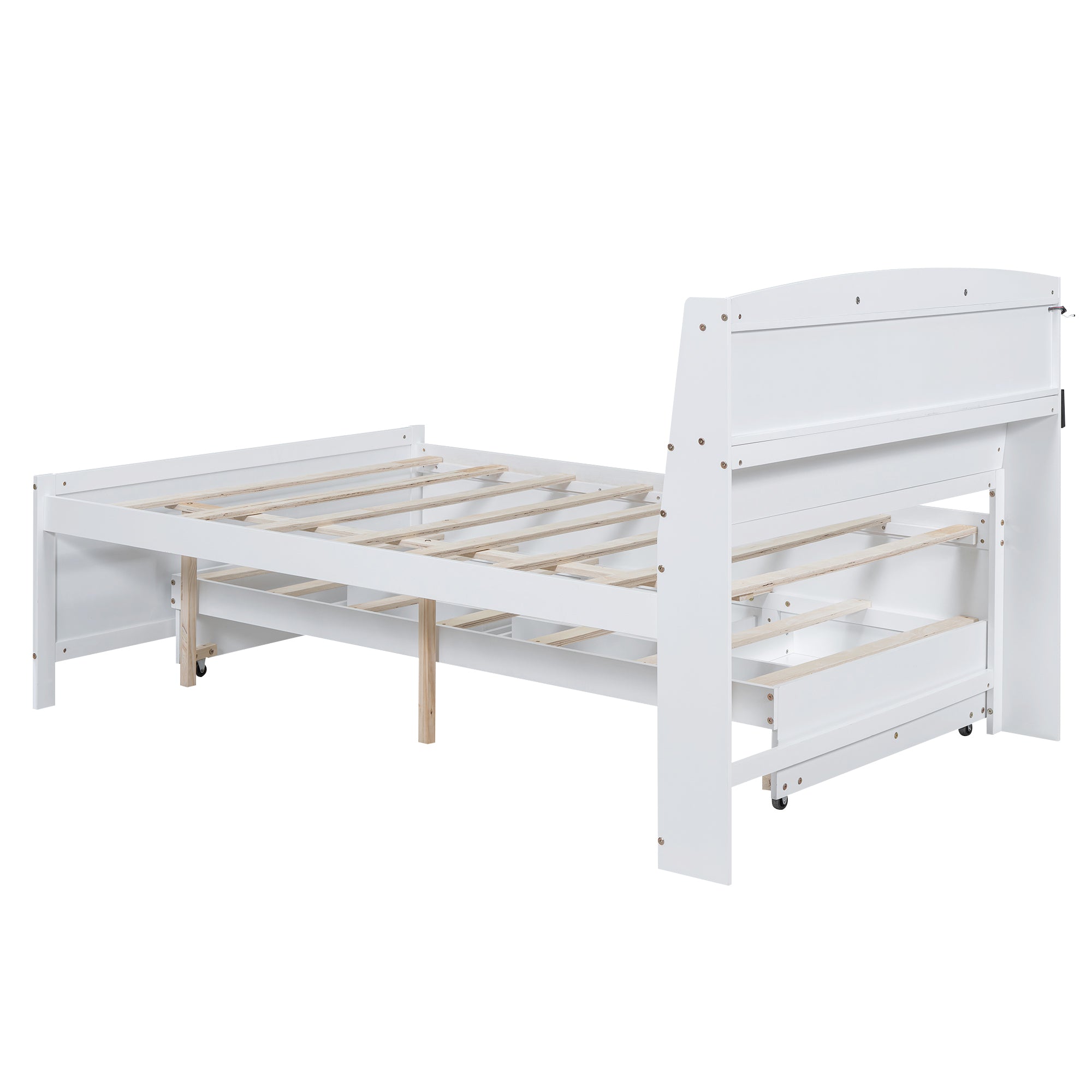 Full Size Platform Bed with Storage LED Headboard, Twin Size Trundle and 3 Drawers, White - Atlantic Fine Furniture Melbourne FL