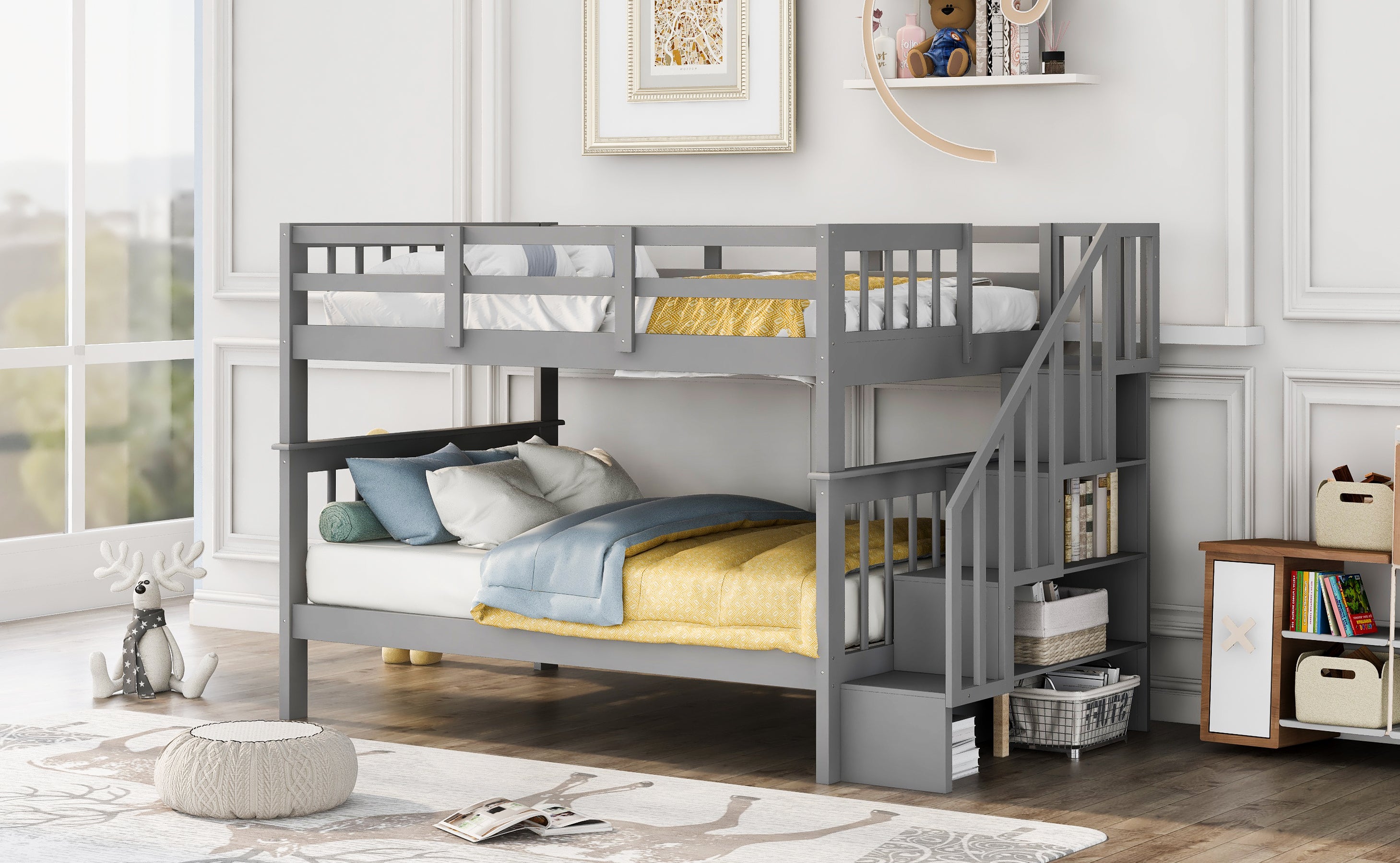 Stairway Full-Over-Full Bunk Bed with Storage and Guard Rail for Bedroom, Dorm, Gray(OLD SKU:LP000110AAE) - Atlantic Fine Furniture Melbourne FL