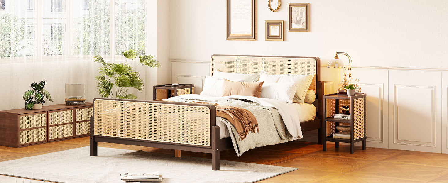 3 Pieces Rattan Platform Full Size Bed With 2 Nightstands,Walnut - Atlantic Fine Furniture Melbourne FL