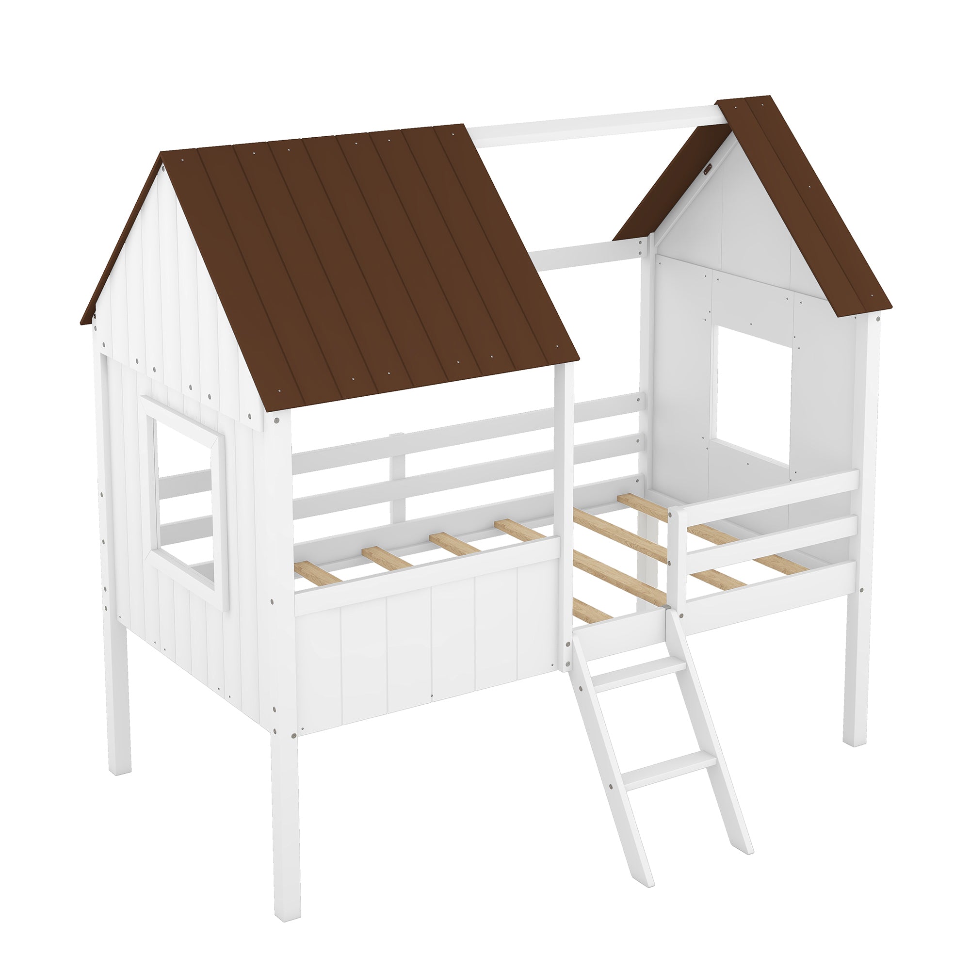 Twin Size Low Loft Wood House Bed with Two Side Windows (White+Brown)(OLD SKU: LP000037AAD) - Atlantic Fine Furniture Melbourne FL
