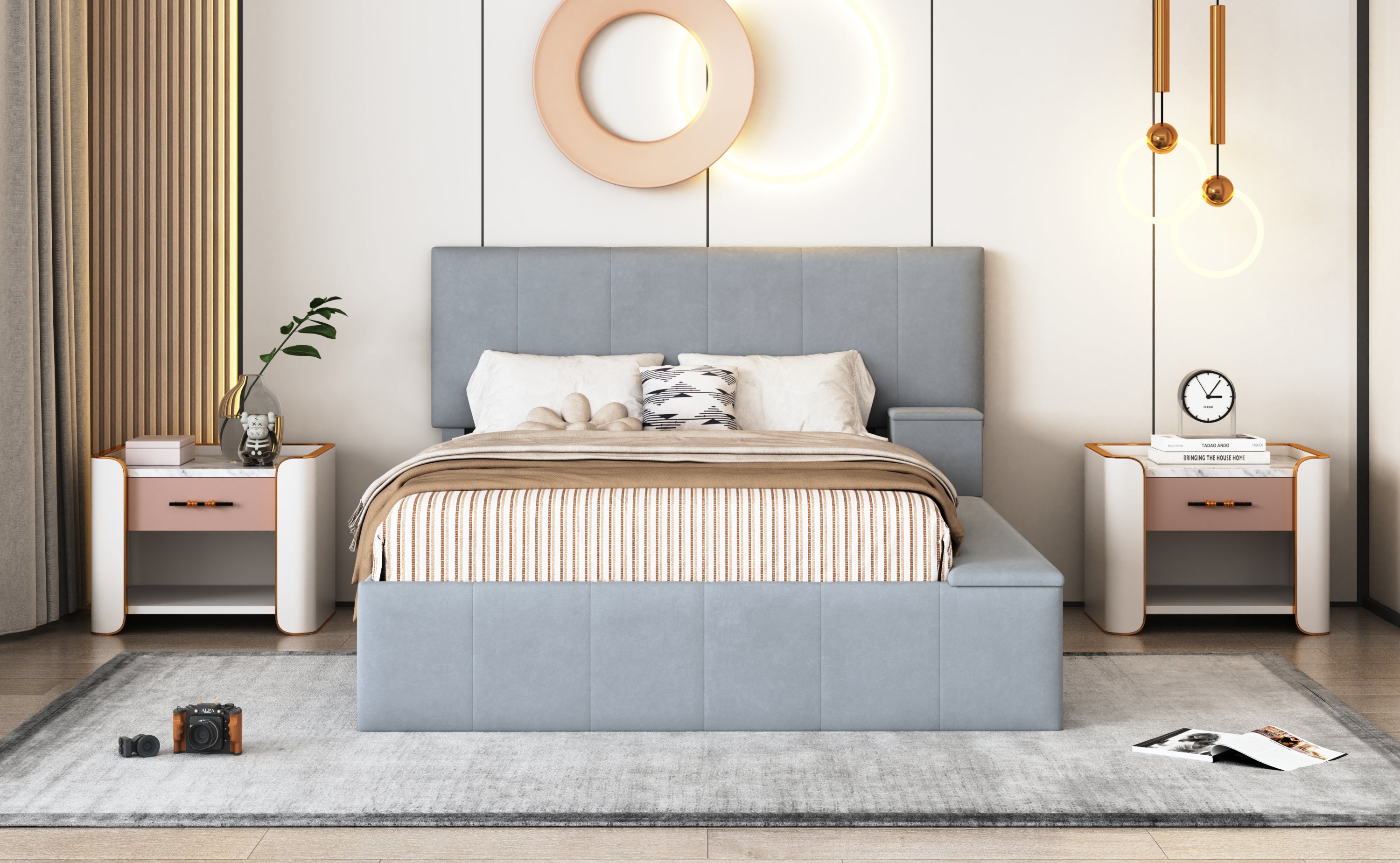 Full Size Upholstered Platform Bed with Lateral Storage Compartments and Thick Fabric, Velvet, Gray