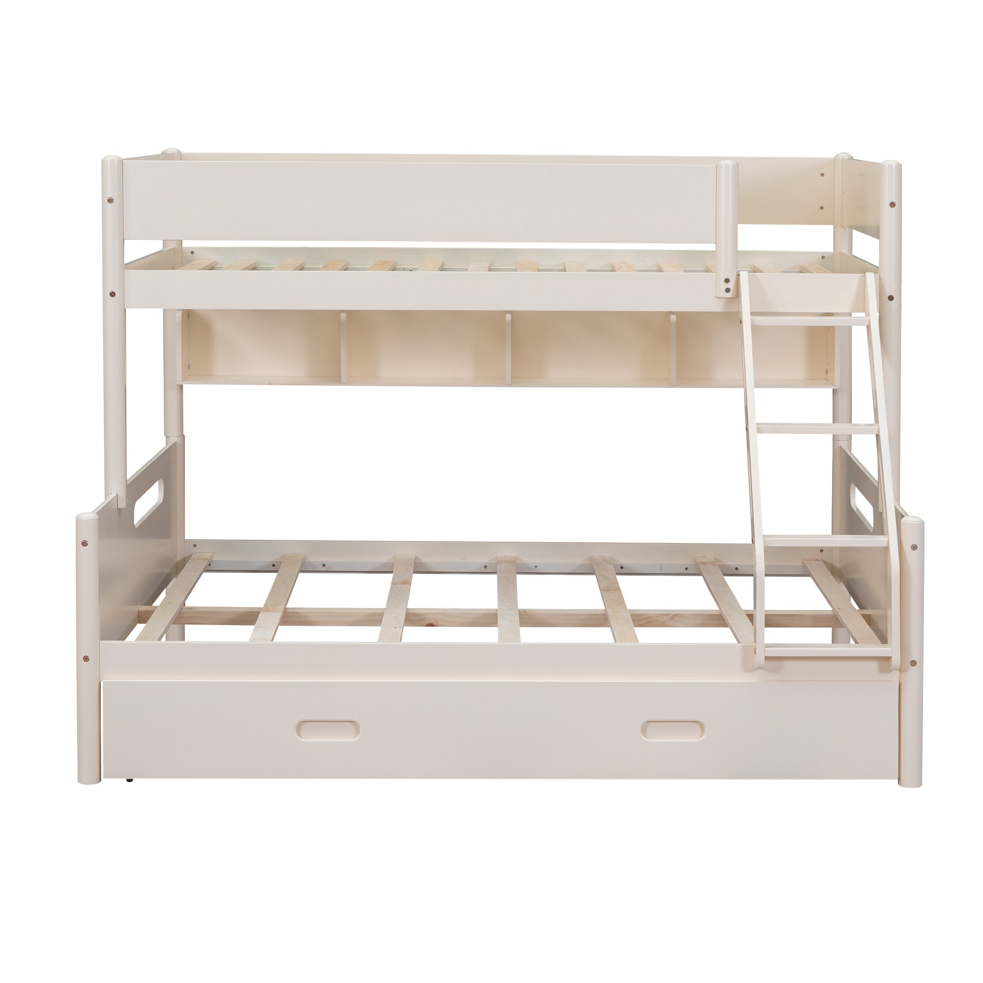 Wood Twin over Full Bunk Bed with Storage Shelves and Twin Size Trundle, Cream - Atlantic Fine Furniture Melbourne FL