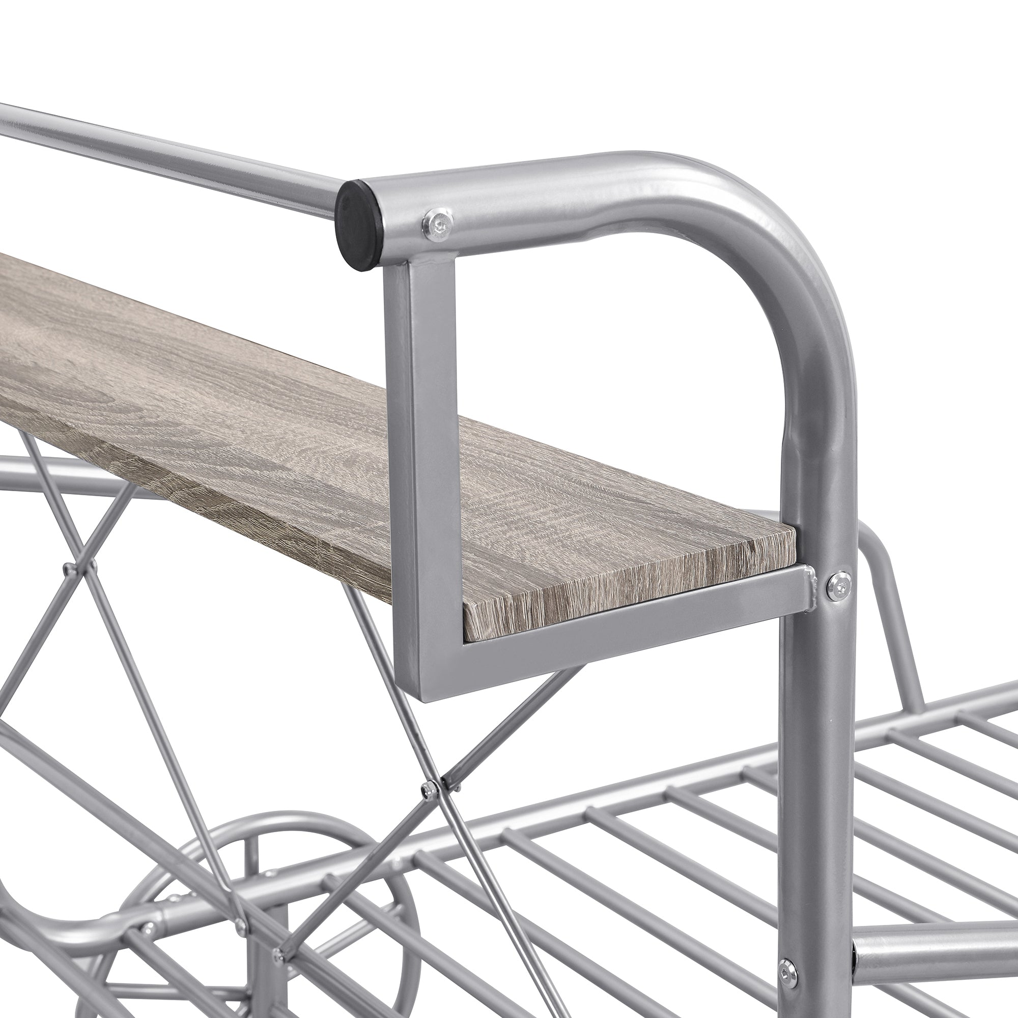 Twin Size Metal Car Bed with Four Wheels, Guardrails and X-Shaped Frame Shelf, Silver(Old SKU: MF297599AAN) - Atlantic Fine Furniture Melbourne FL