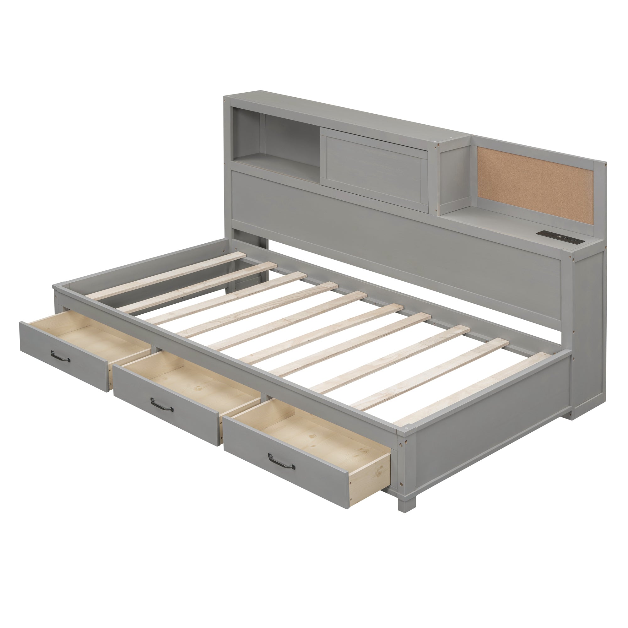 Twin Size Wooden Daybed with 3 Storage Drawers, Upper Soft Board, shelf, and a set of Sockets and USB Ports, Gray - Atlantic Fine Furniture Melbourne FL