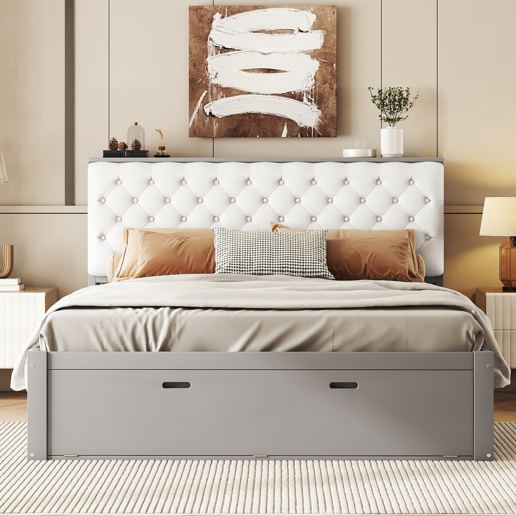 Wood Queen Size Platform Bed with Storage Headboard, shoe rack and 4 drawers,Gray - Atlantic Fine Furniture Melbourne FL