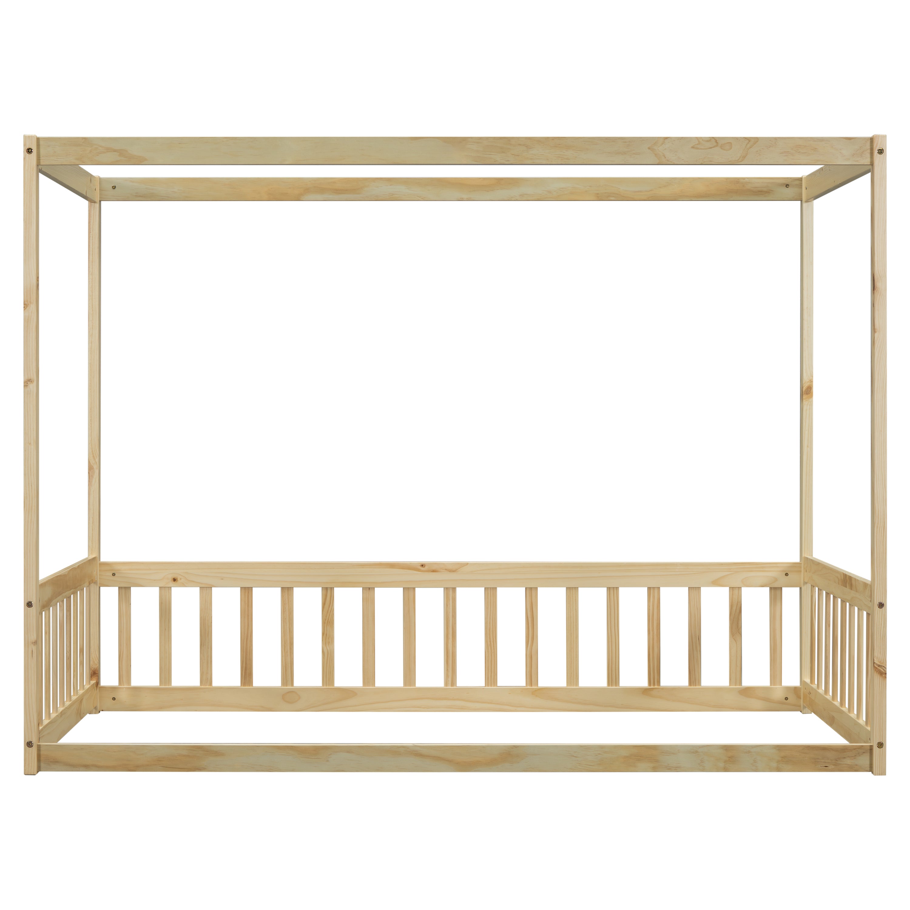 Twin Size Canopy Frame Floor Bed with Fence, Guardrails,Natural