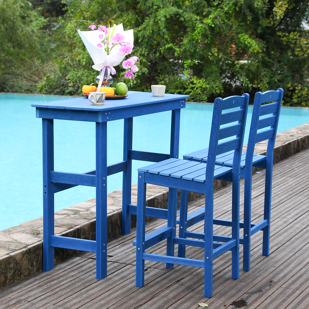 Patio Life Adirondack Outdoor Bar Table with 2 High-Back Bar Chairs - Lake Blue