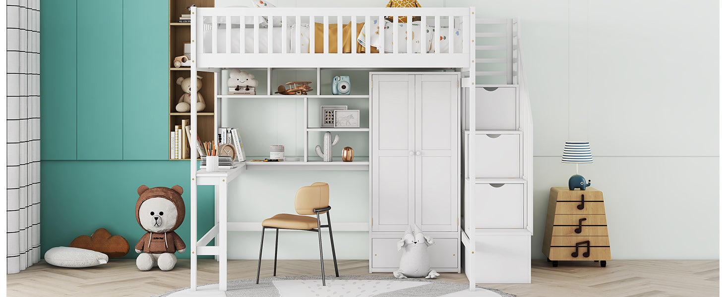 Full size Loft Bed with Bookshelf,Drawers,Desk,and Wardrobe-White - Atlantic Fine Furniture Melbourne FL