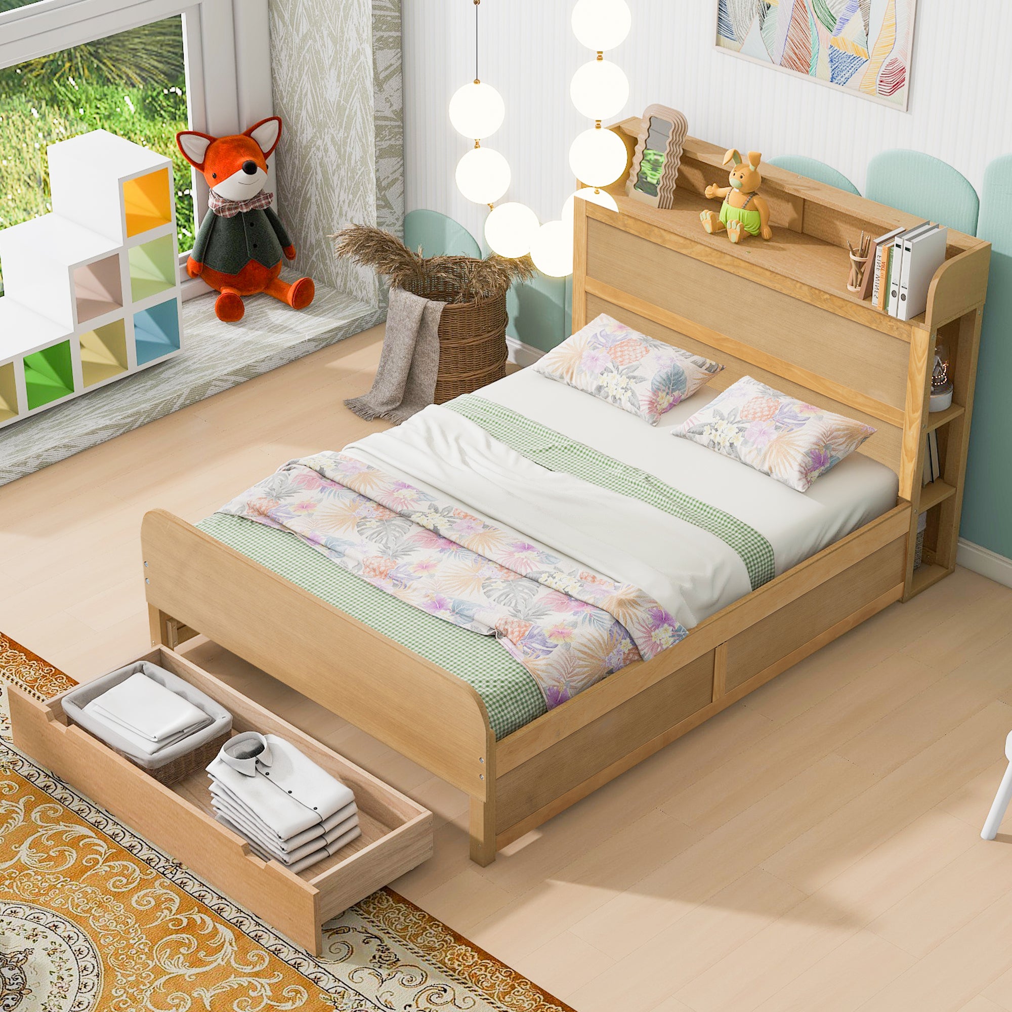 Full Size Platform Bed with Storage Headboard and a Big Drawer, Wood Color - Atlantic Fine Furniture Melbourne FL