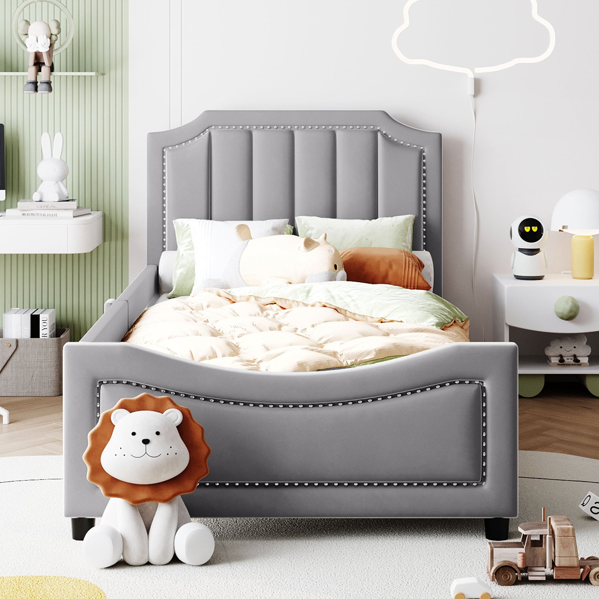 Twin Size Upholstered Daybed with Classic Stripe Shaped Headboard, Gray - Atlantic Fine Furniture Melbourne FL