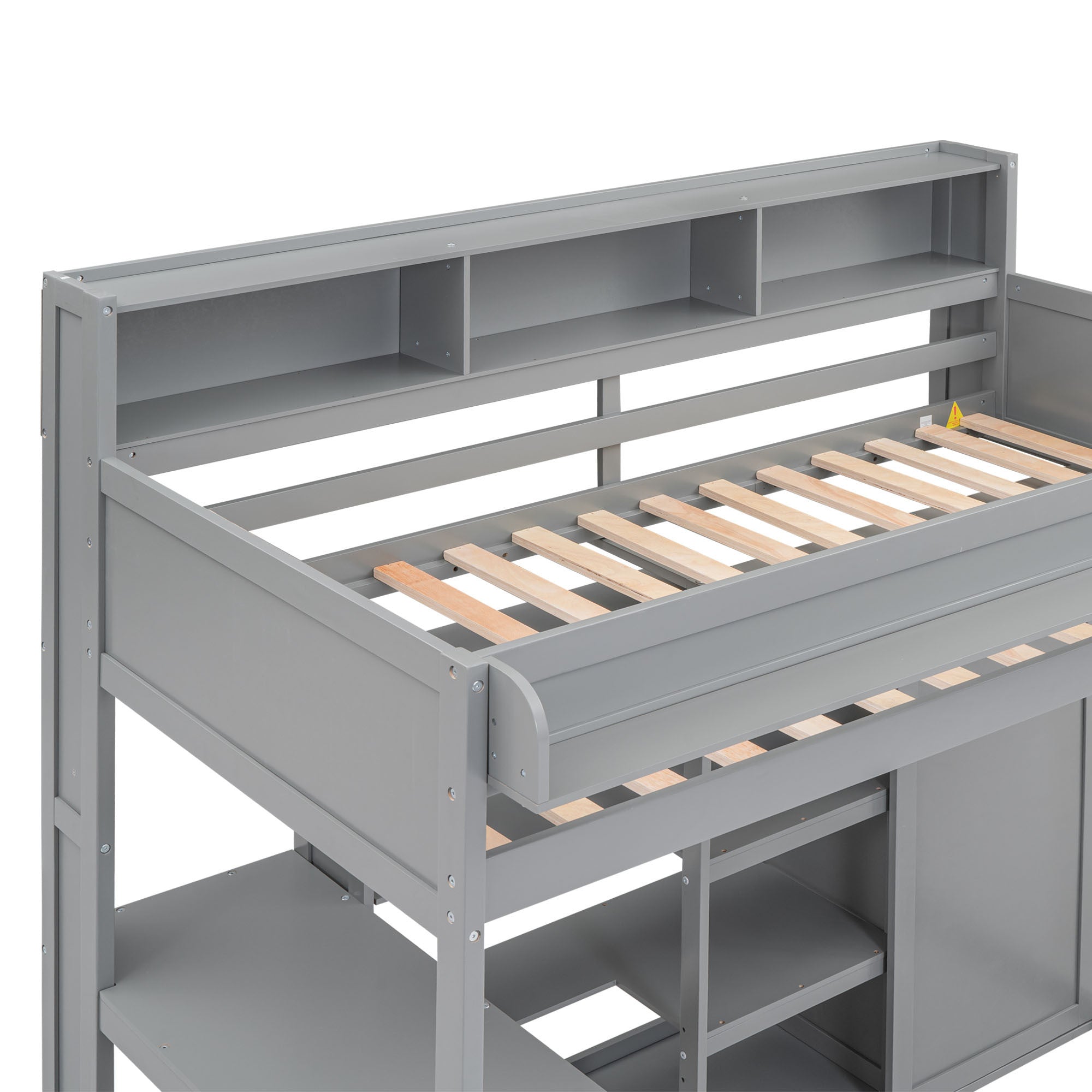 Wood Twin Size Loft bed with Multiple Storage Shelves and Wardrobe, Gray - Atlantic Fine Furniture Melbourne FL