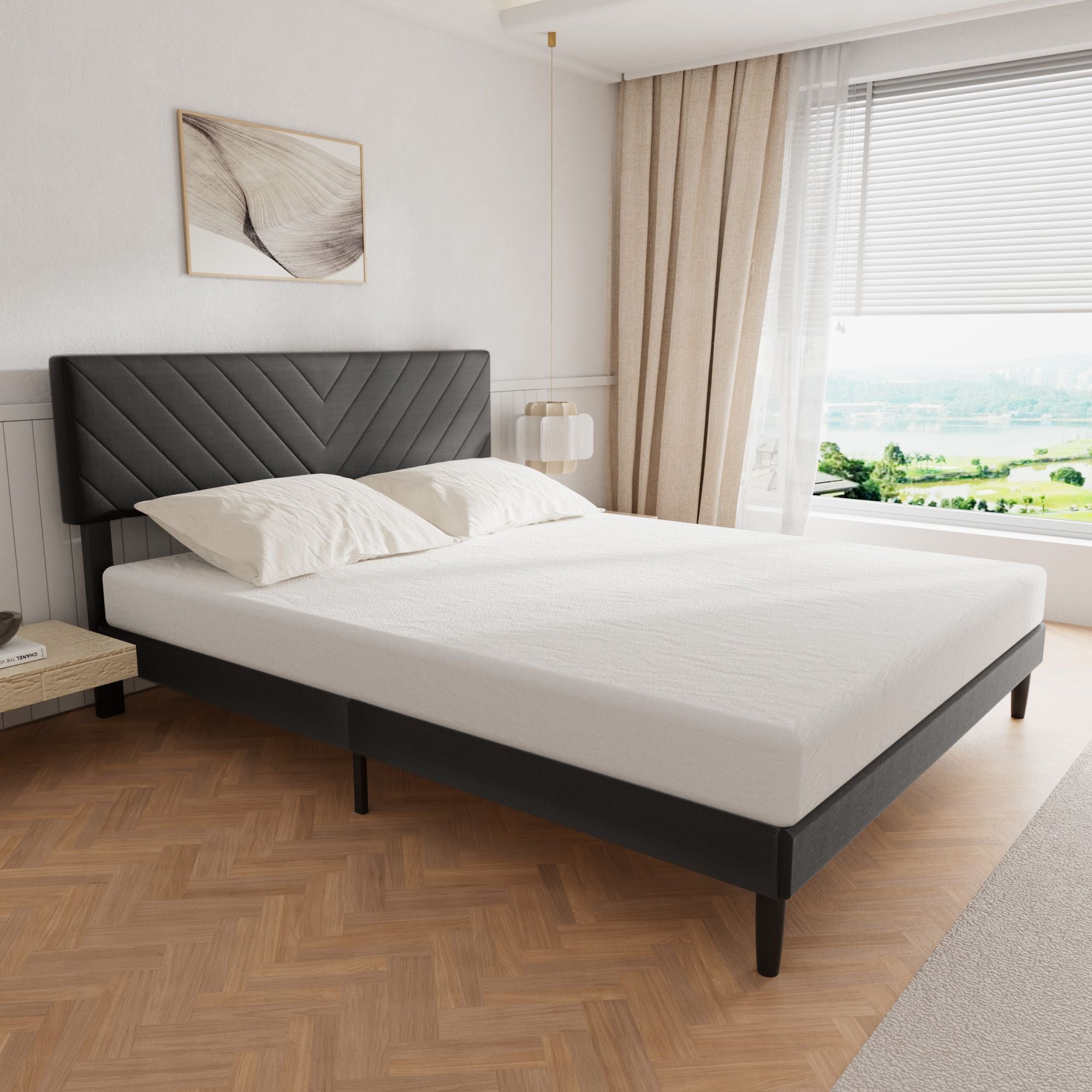 Upholstered Queen Size Bed Frame Platform with High-Adjustable Headboard and Solid Wood Slats Support, Strong Weight Capacity, Non-Slip and Noise-Free,No Box Spring Needed, Easy Assembly, Grey - Atlantic Fine Furniture Melbourne FL