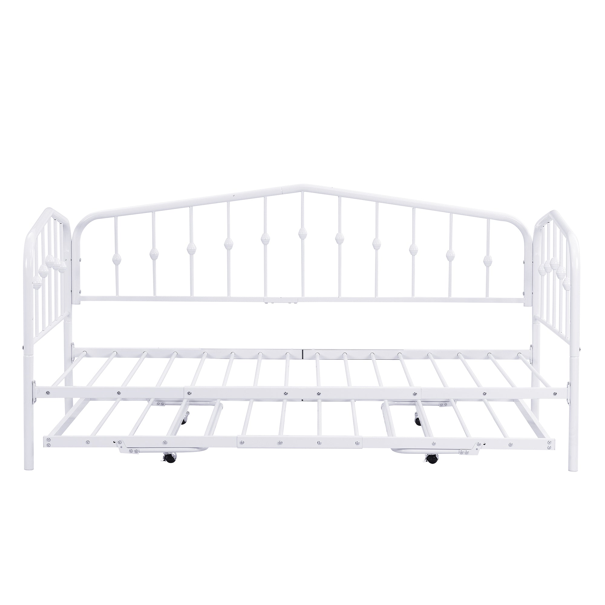 Twin Size Stylish Metal Daybed with Twin Size Adjustable Trundle, Portable Folding Trundle, White