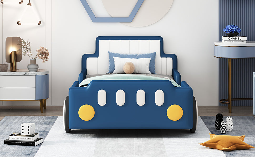 Twin Size Race Car-Shaped Platform Bed with Wheels,Blue - Atlantic Fine Furniture Melbourne FL