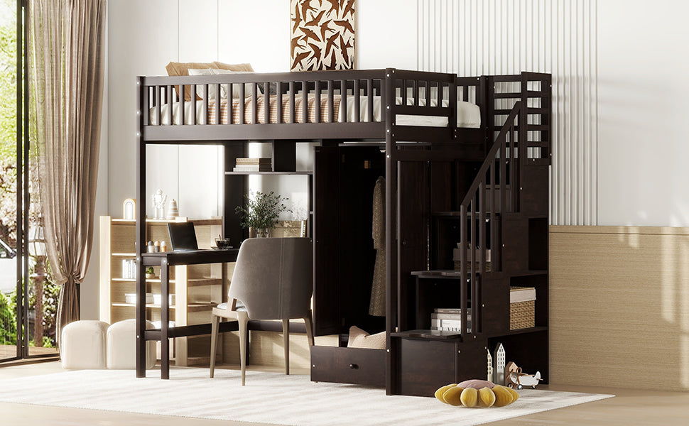 Twin size Loft Bed with Bookshelf,Drawers,Desk,and Wardrobe-Espresso - Atlantic Fine Furniture Melbourne FL
