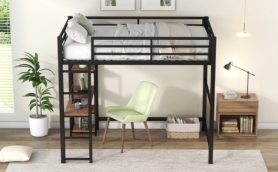 Full Size Metal Loft Bed with Built-in Desk and Storage Shelves, Black