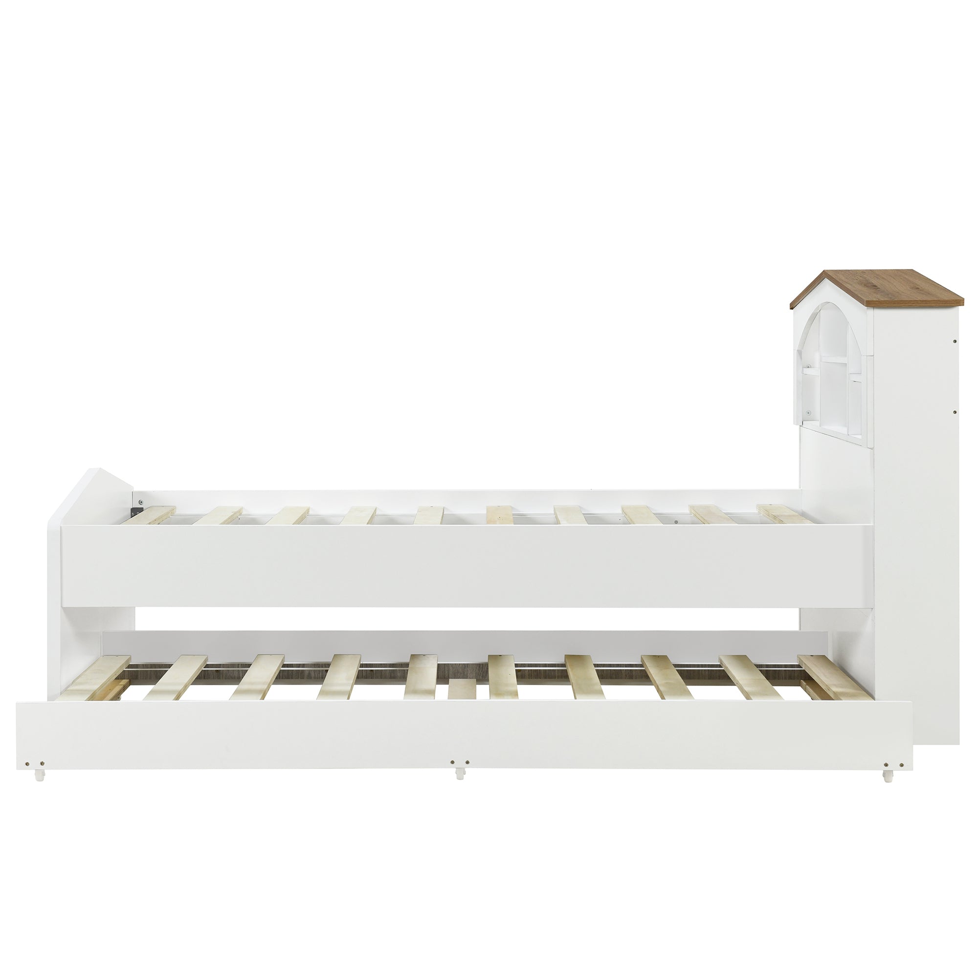 Twin Size Wood Platform Bed with House-shaped Storage Headboard and Trundle, White - Atlantic Fine Furniture Melbourne FL