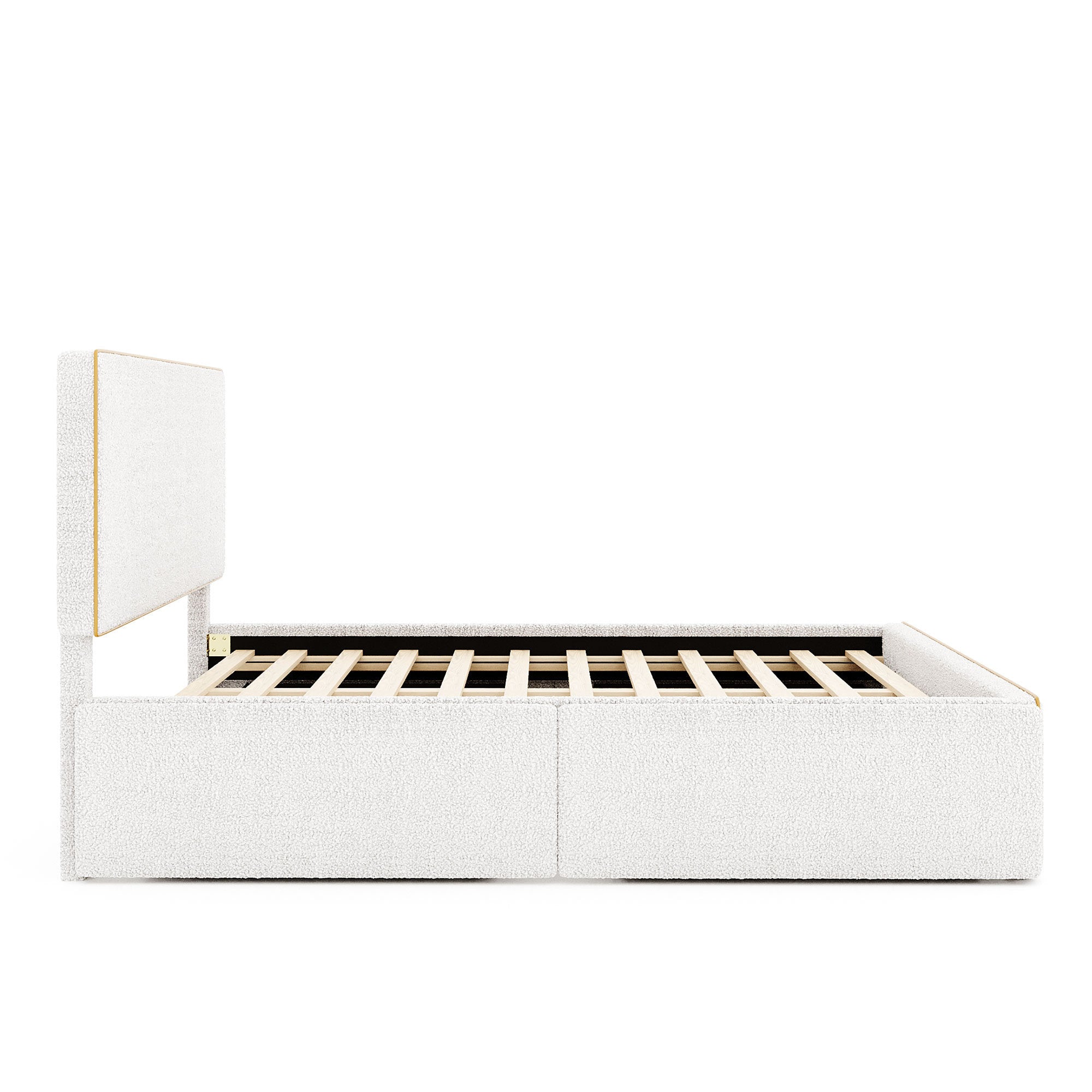 Full Size Upholstered Platform Bed with 4 Drawers and Golden Edge on the Headboard & Footboard, White - Atlantic Fine Furniture Melbourne FL
