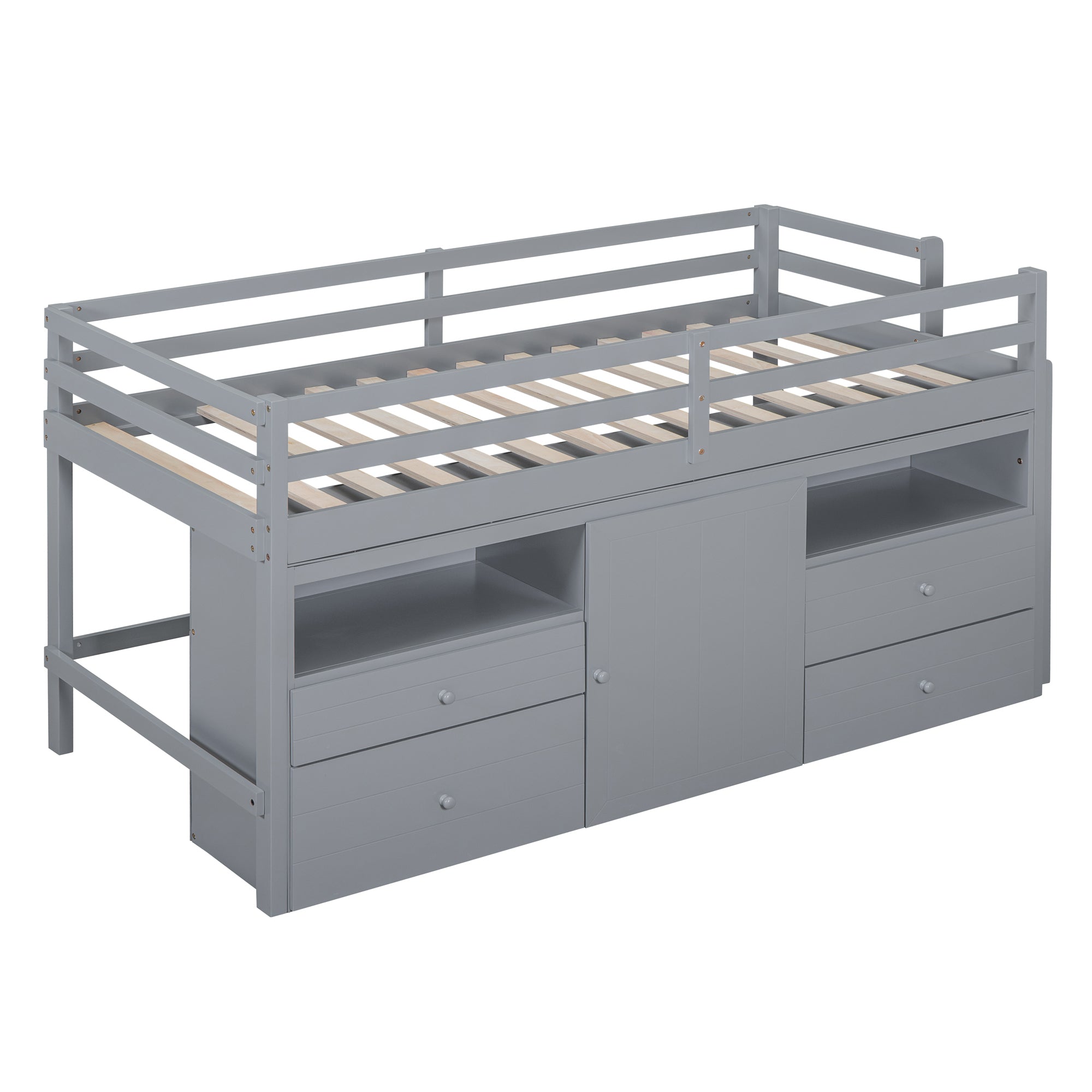 Twin Size Loft Bed with 4 Drawers, Underneath Cabinet and Shelves, Gray - Atlantic Fine Furniture Melbourne FL