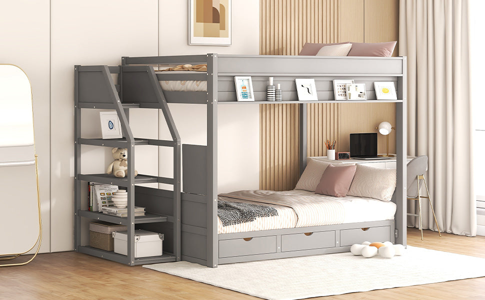 Wood Full Size Convertible Bunk Bed with Storage Staircase, Bedside Table, and 3 Drawers, Gray - Atlantic Fine Furniture Melbourne FL