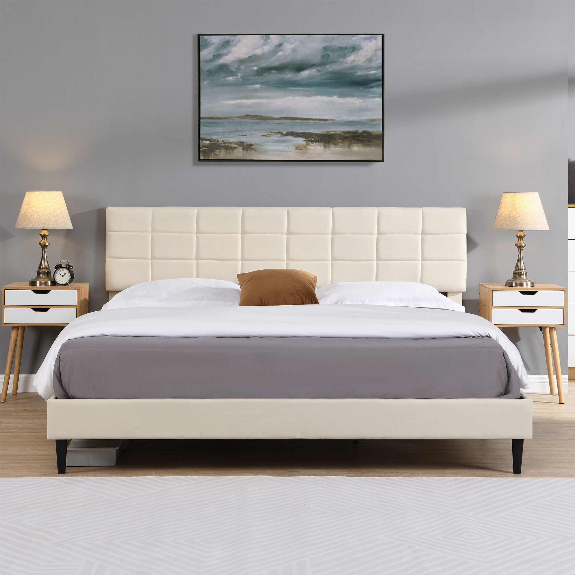 King Size Platform Bed Frame with Fabric Upholstered Headboard and Wooden Slats, No Box Spring Needed/Easy Assembly, Dark Beige - Atlantic Fine Furniture Melbourne FL