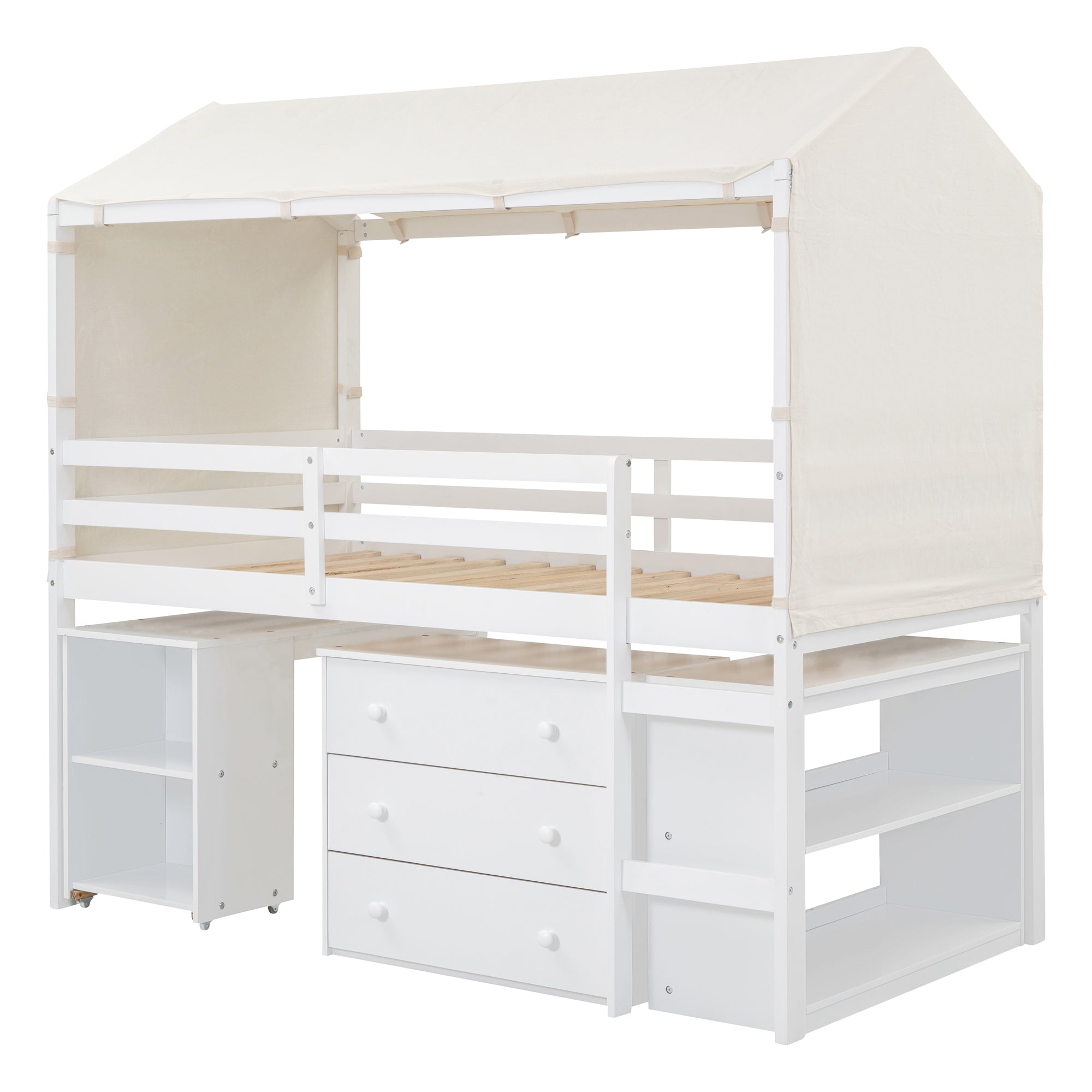 Twin Size Loft Bed with Rolling Cabinet, Shelf and Tent - White - Atlantic Fine Furniture Melbourne FL