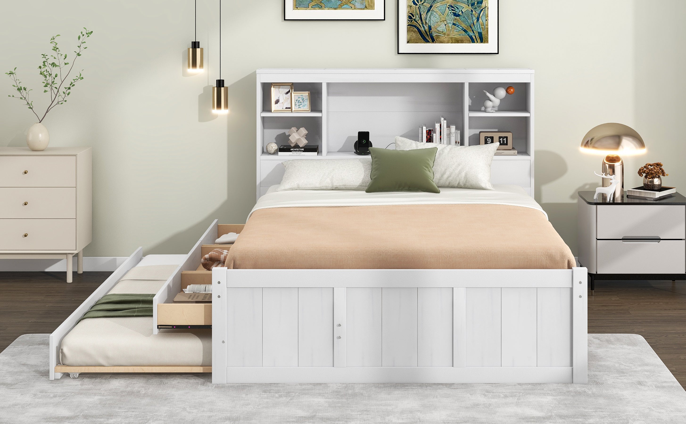 Full Size Platform Bed with Storage Headboard, Charging Station, Twin Size Trundle and 3 Drawers, Antique White - Atlantic Fine Furniture Melbourne FL