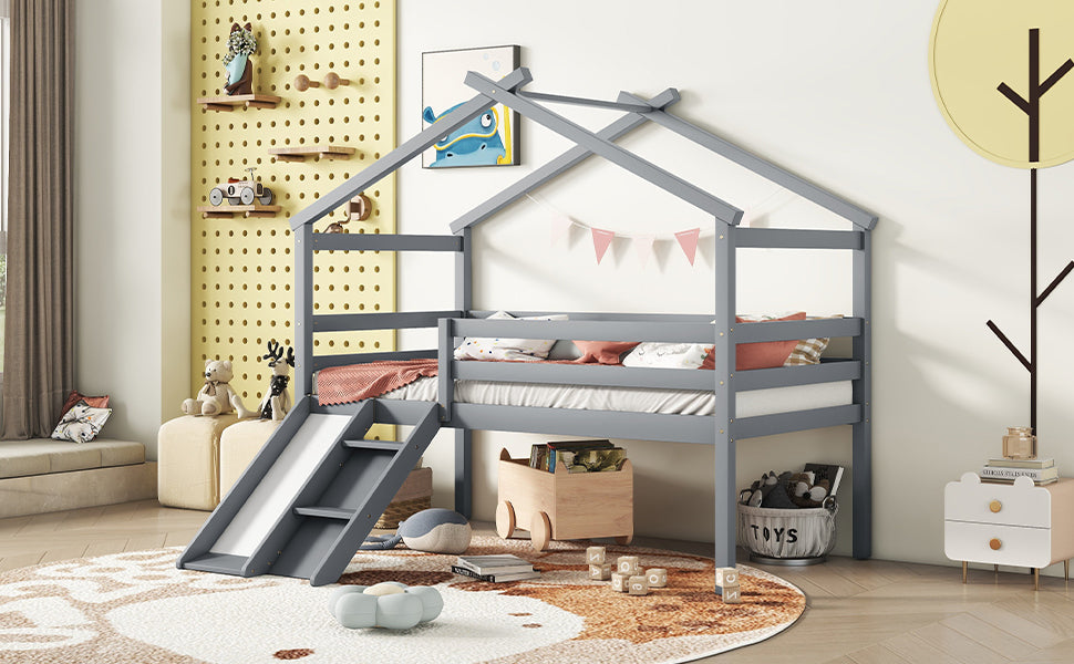 Twin Low Loft House Bed with Slide, Ladder, Safety Guardrails, House Roof Frame,Grey