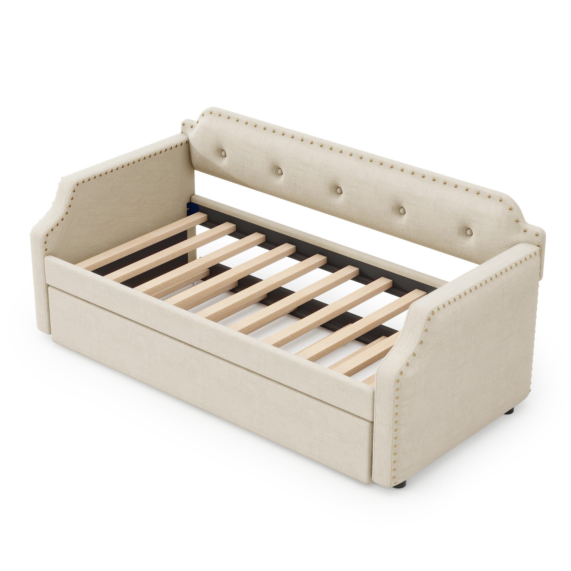 Upholstered Daybed with Trundle, Wood Slat Support,Upholstered Frame Sofa Bed, Twin, Beige - Atlantic Fine Furniture Melbourne FL