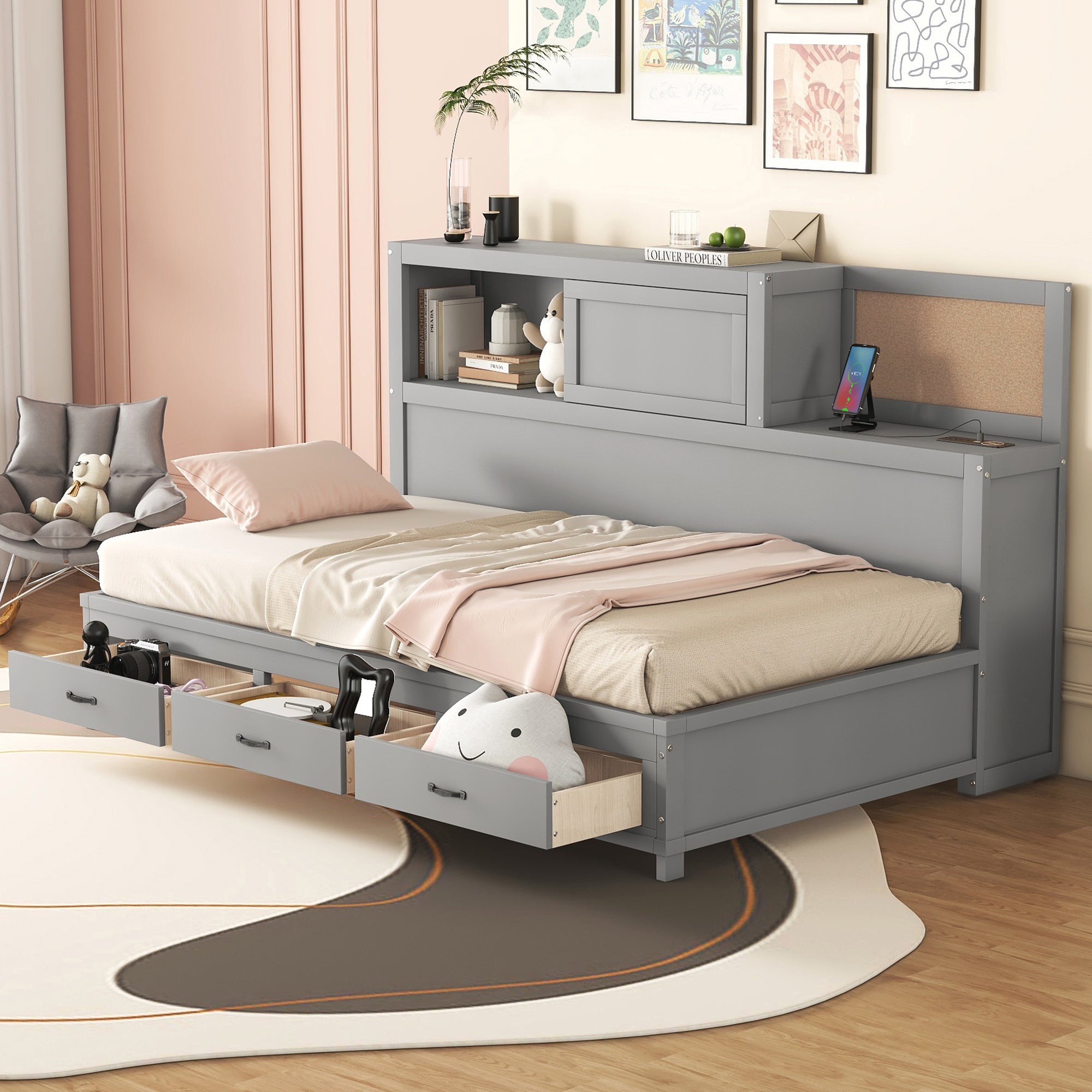 Twin Size Wooden Daybed with 3 Storage Drawers, Upper Soft Board, shelf, and a set of Sockets and USB Ports, Gray - Atlantic Fine Furniture Melbourne FL