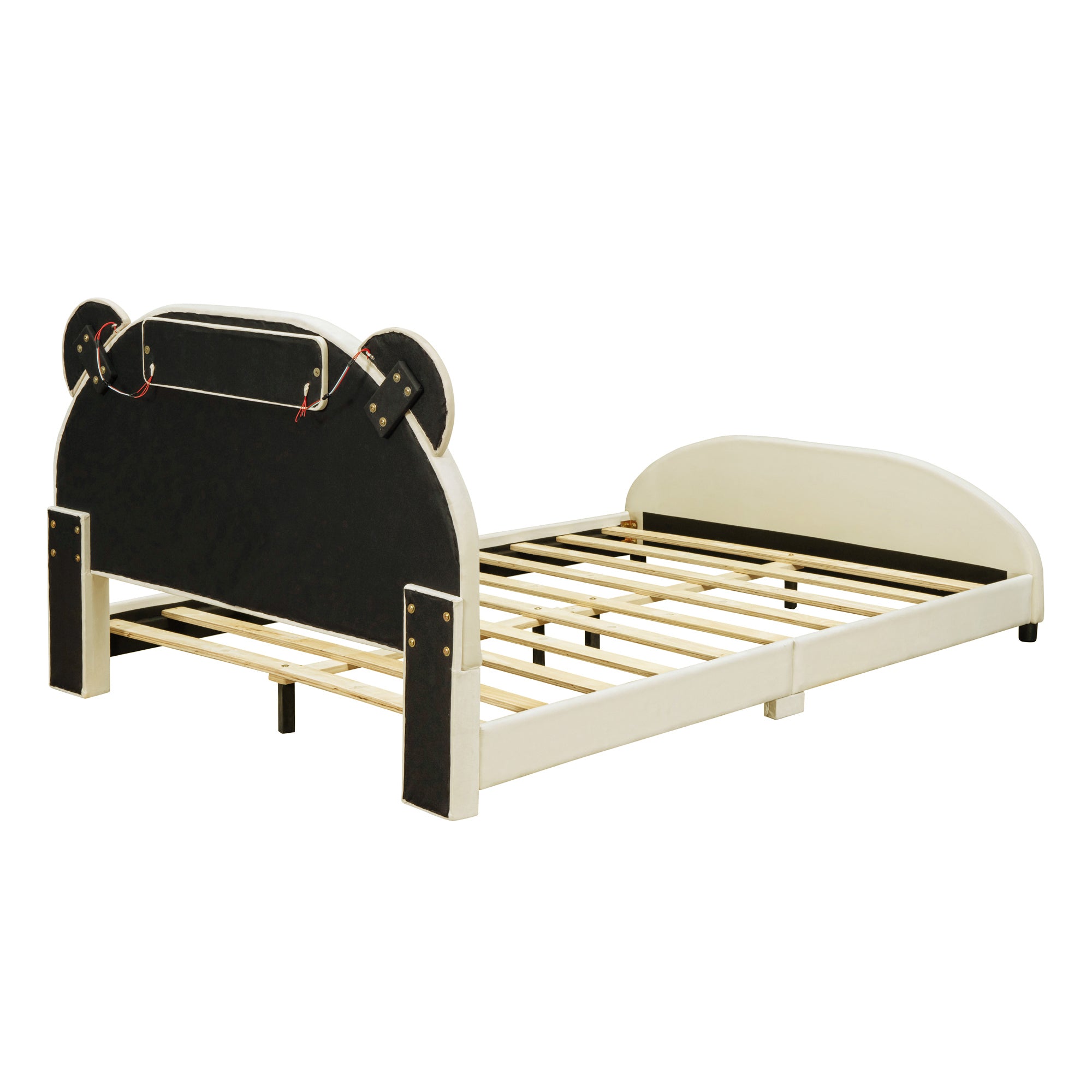 Full Size Upholstered Platform Bed with Bear-Shaped Headboard and Embedded Light Stripe, Velvet, Beige - Atlantic Fine Furniture Melbourne FL