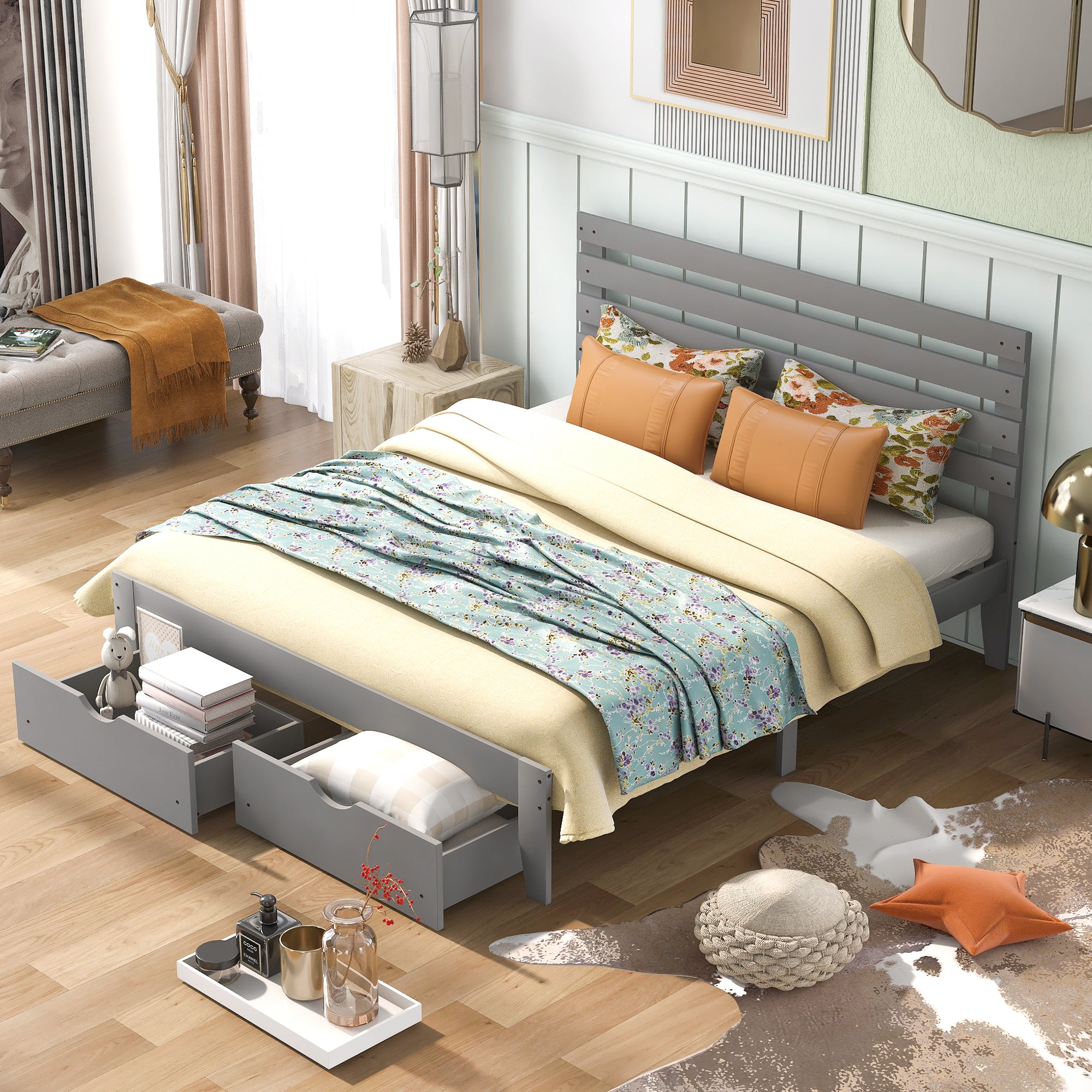 Queen Size Platform Bed with Drawers, Gray(New SKU:WF288469AAE) - Atlantic Fine Furniture Melbourne FL