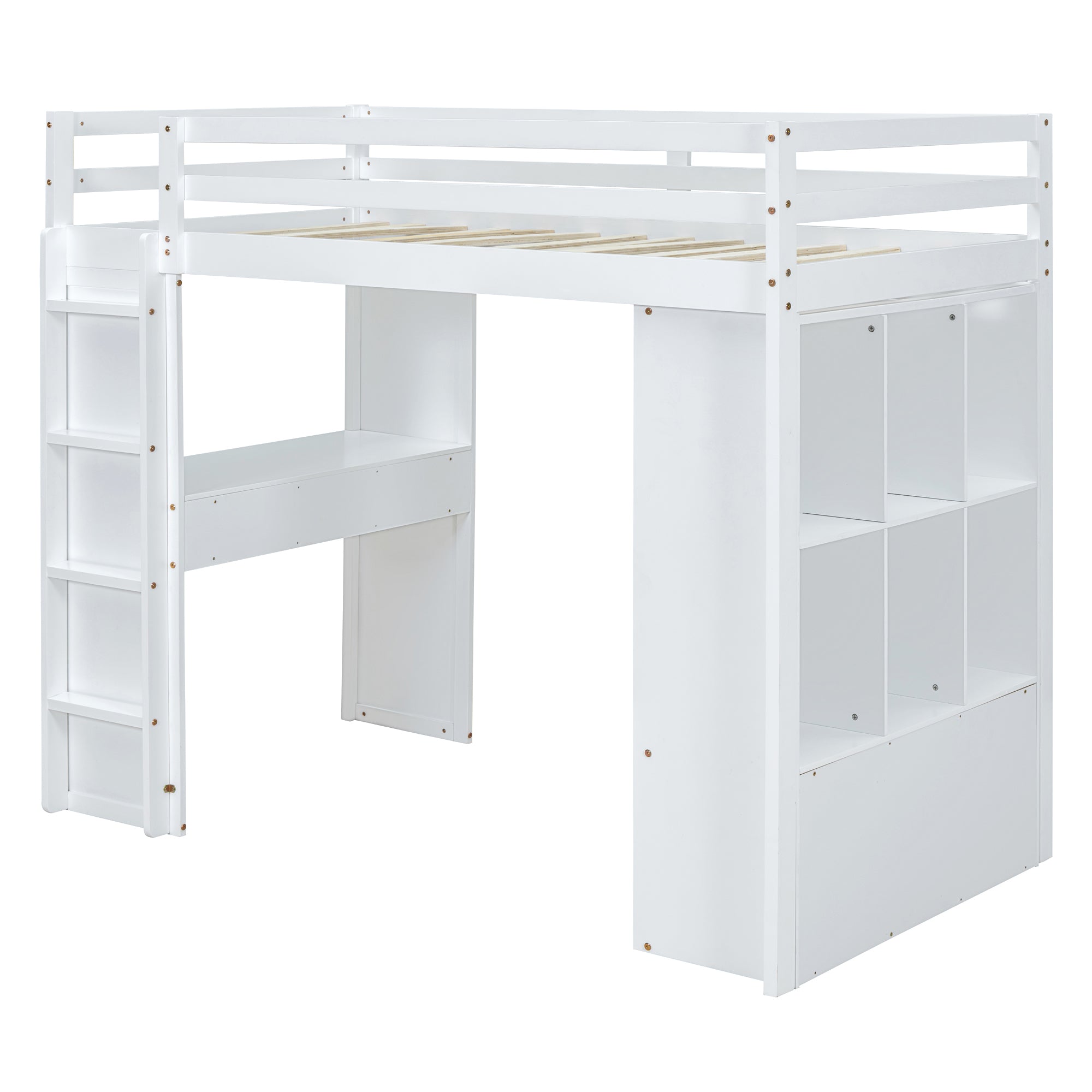 Twin Size Loft Bed with large shelves, writing desk and LED Light, White - Atlantic Fine Furniture Melbourne FL