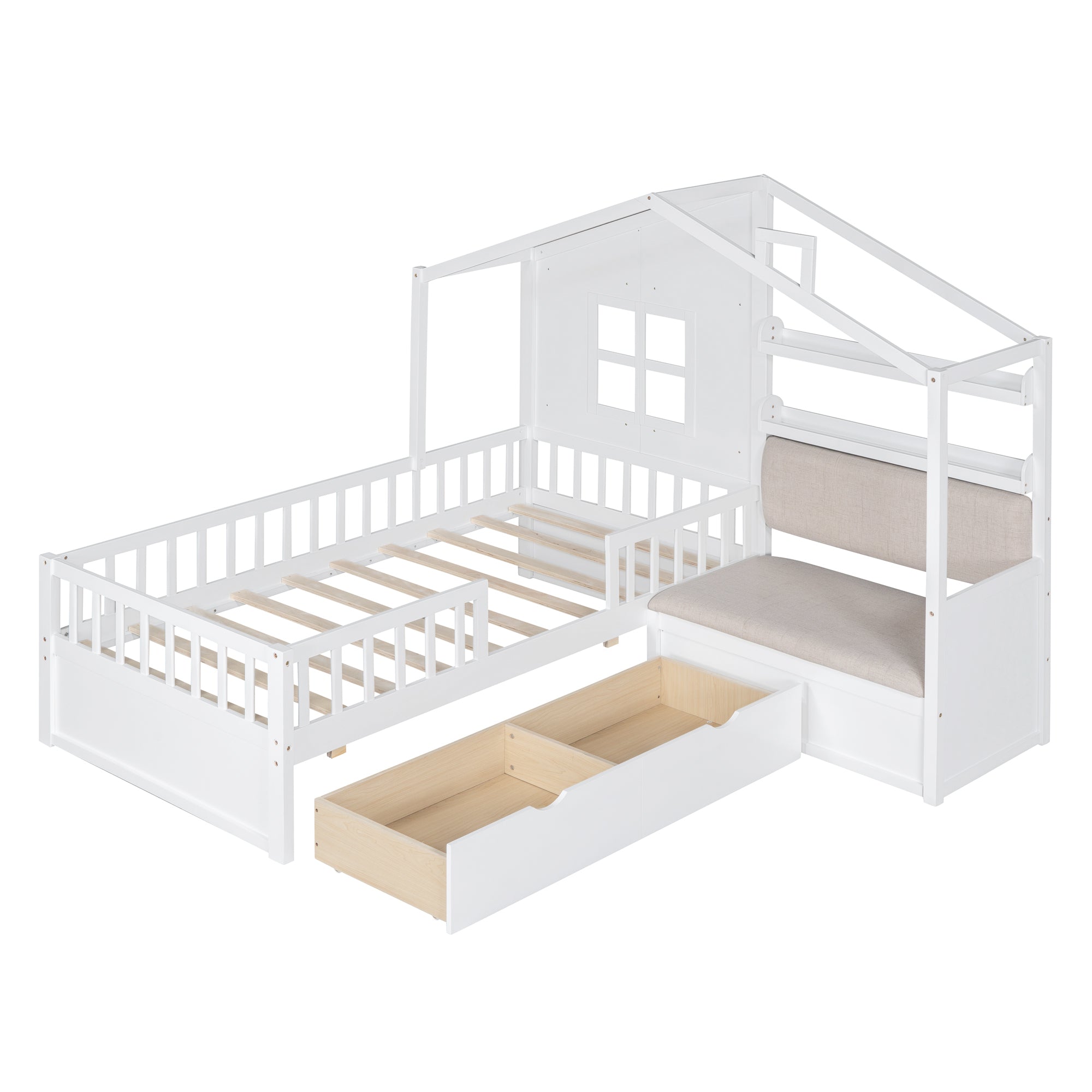 Twin Size House Bed with Sofa, Kids Platform Bed with Two Drawers and Storage Shelf, White - Atlantic Fine Furniture Melbourne FL