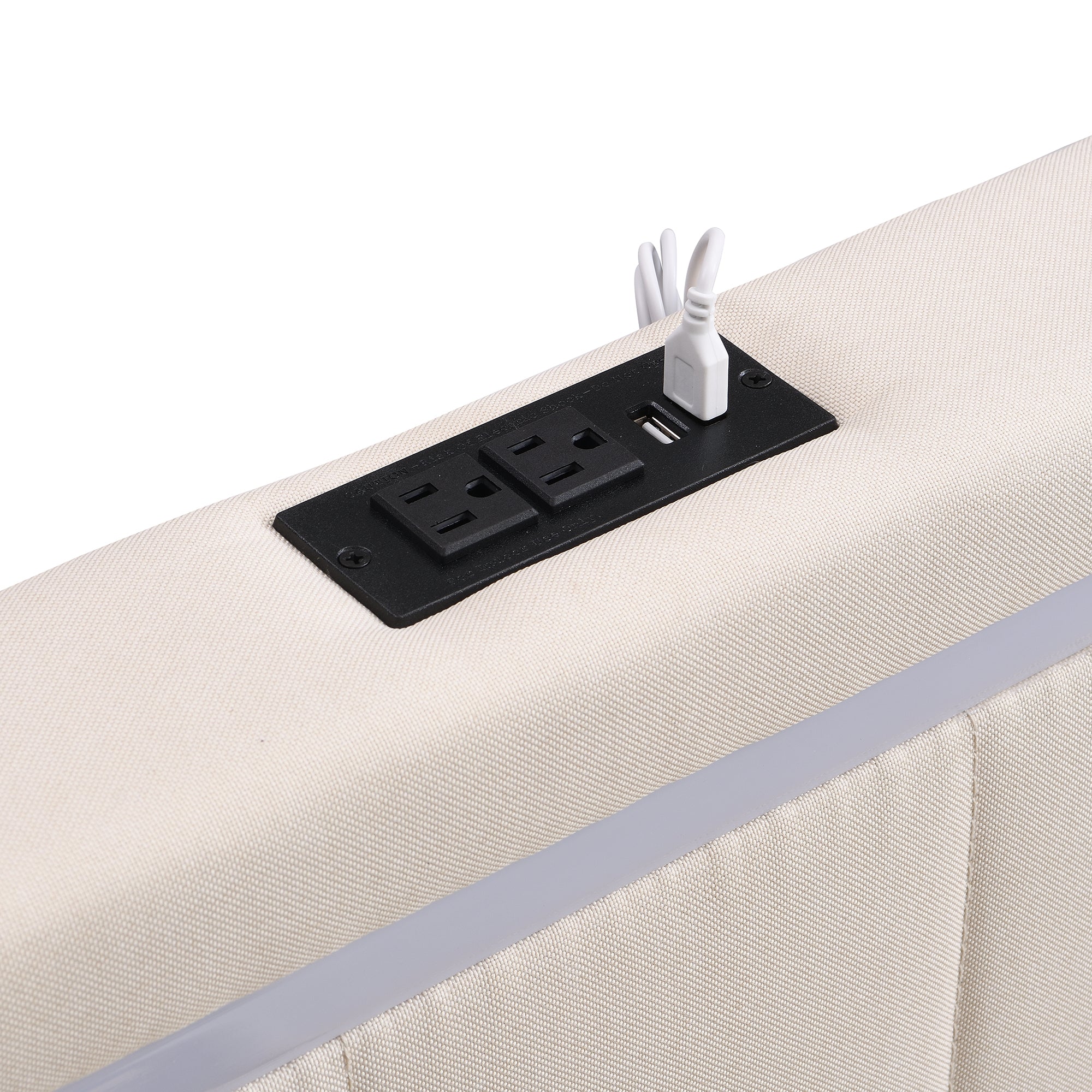 Queen Size Upholstered Bed with LED Light and 4 Drawers, Modern Platform Bed with a set of Sockets and USB Ports, Linen Fabric, Beige - Atlantic Fine Furniture Melbourne FL