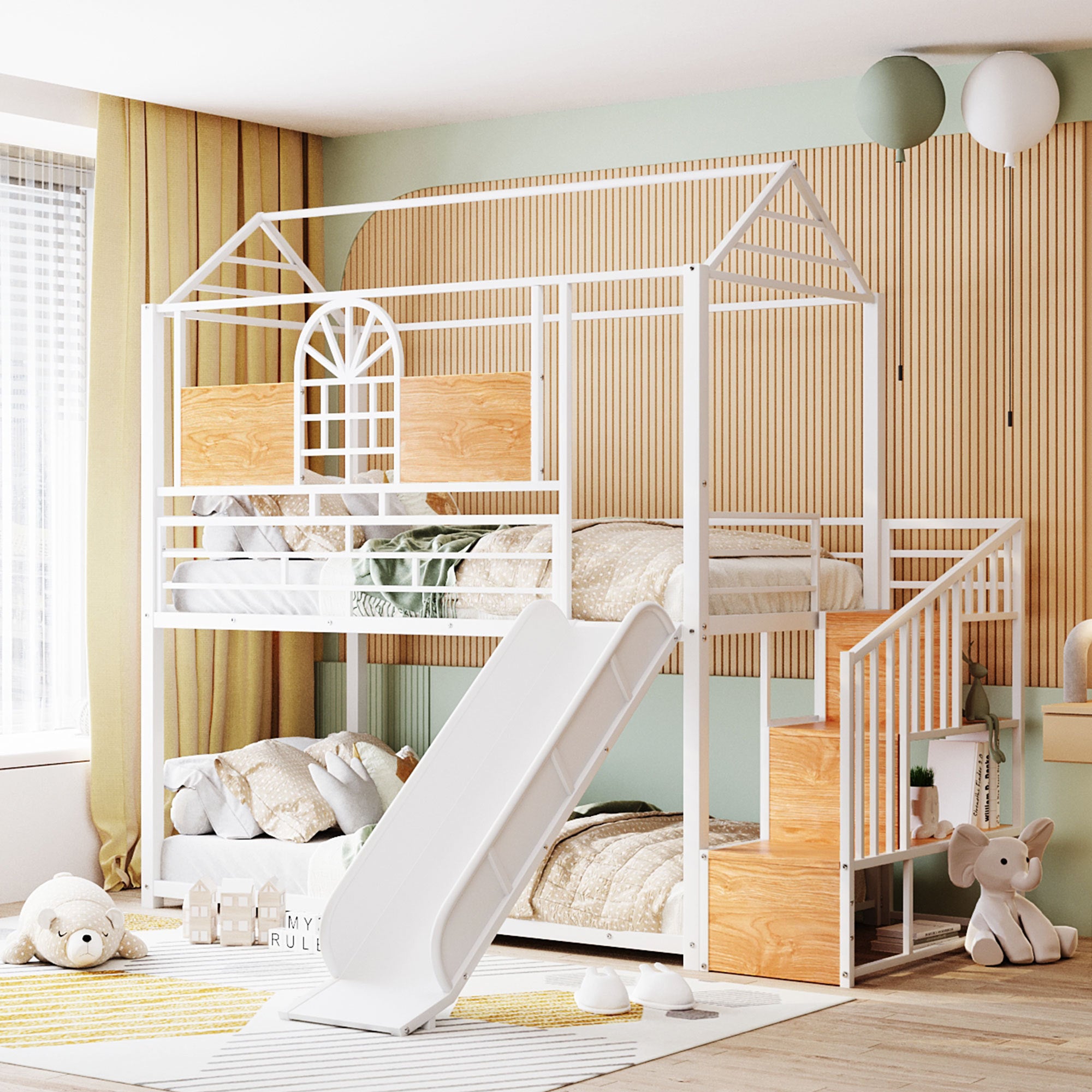 Twin Over Twin Metal Bunk Bed, Metal Housebed with Slide and Storage Stair, White with White Slide - Atlantic Fine Furniture Melbourne FL